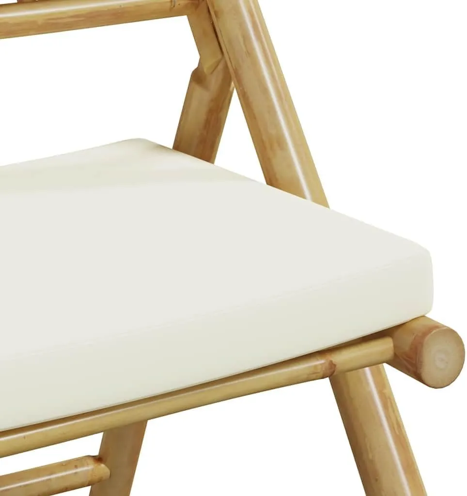 Bamboo Folding Bistro Chairs with Cushions 2-Piece Set Patio Furniture Outdoor Chairs Foldable Design Cream White for Dining Camping Beach
