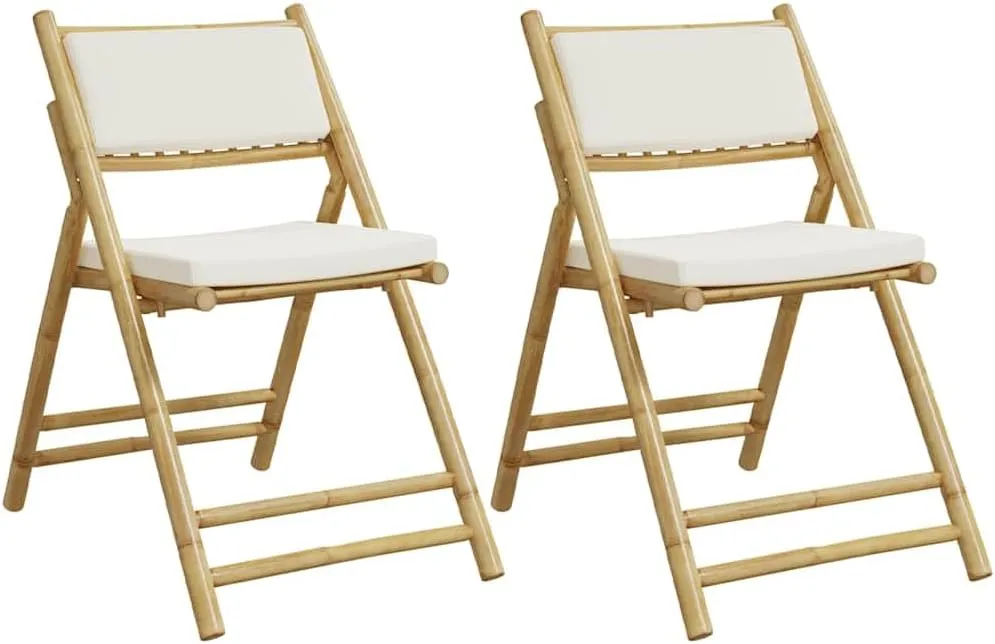 Bamboo Folding Bistro Chairs with Cushions 2-Piece Set Patio Furniture Outdoor Chairs Foldable Design Cream White for Dining Camping Beach