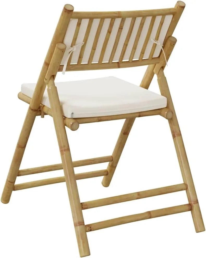Bamboo Folding Bistro Chairs with Cushions 2-Piece Set Patio Furniture Outdoor Chairs Foldable Design Cream White for Dining Camping Beach