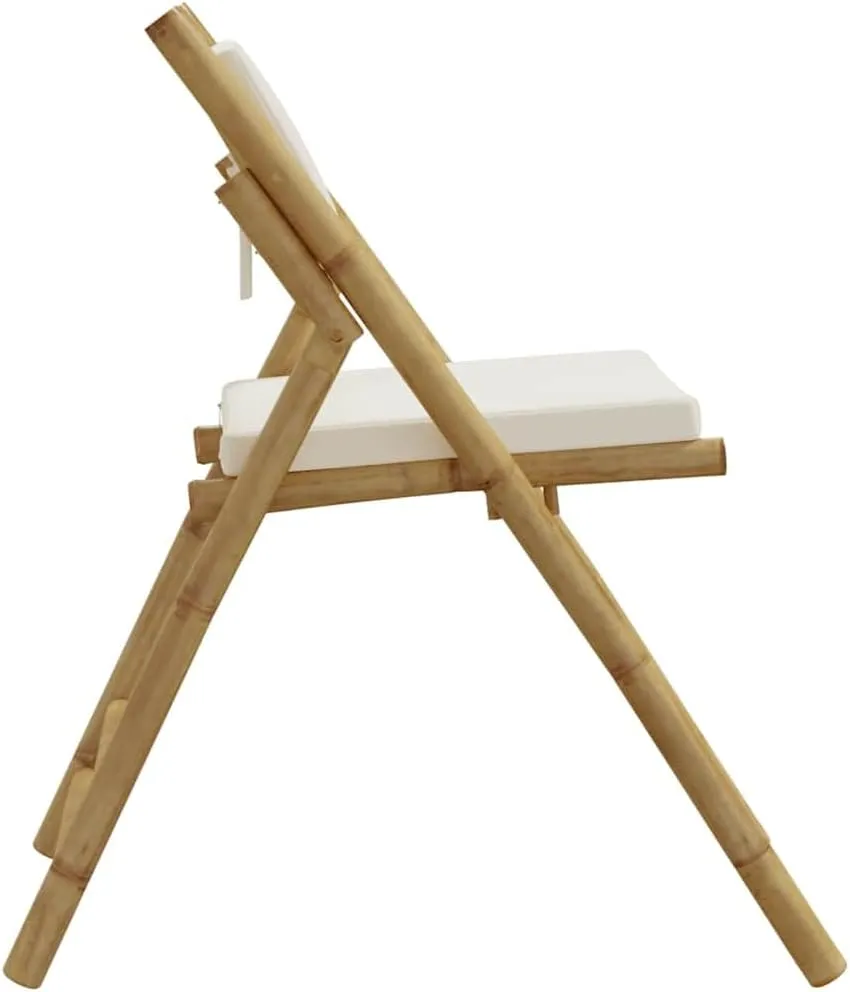 Bamboo Folding Bistro Chairs with Cushions 2-Piece Set Patio Furniture Outdoor Chairs Foldable Design Cream White for Dining Camping Beach