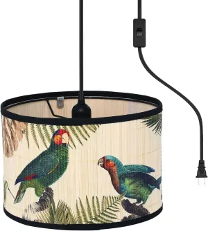 Bamboo Pendant Light with Plug in Cord （15ft）,Macrame Boho Hanging Lamp with Pattern,Bohemian Hanging Lights for Kitchen Bedroom Living Room Decor Bamboo lamp Shade