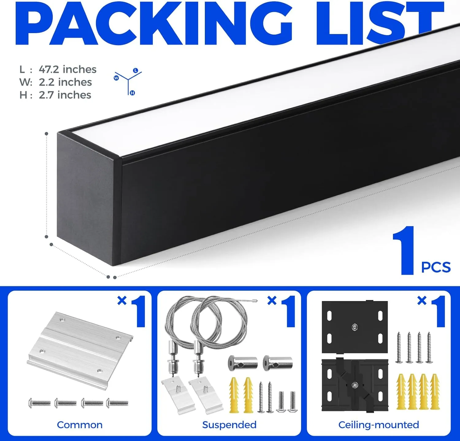 Barrina 5568-0-10V Series LED Linear Light, 2nd-Generation Dimmable Hanging Light (Dimmer Not Included), 5CCT 4FT Linkable Shop Light, 45W Seamless Connection Office Lighting Fixture, Black, 1 Pack