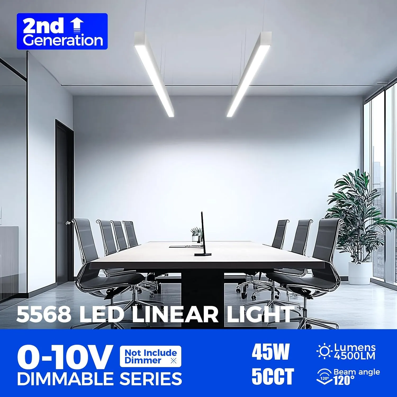 Barrina 5568-0-10V Series LED Linear Light Fixture, 2nd-Generation (Dimmer Not Included), 45W 4500LM Seamless Connection, 4FT Dimmable Hanging Light, 5CCT Linkable Ceiling Shop Light, White, 1 Pack