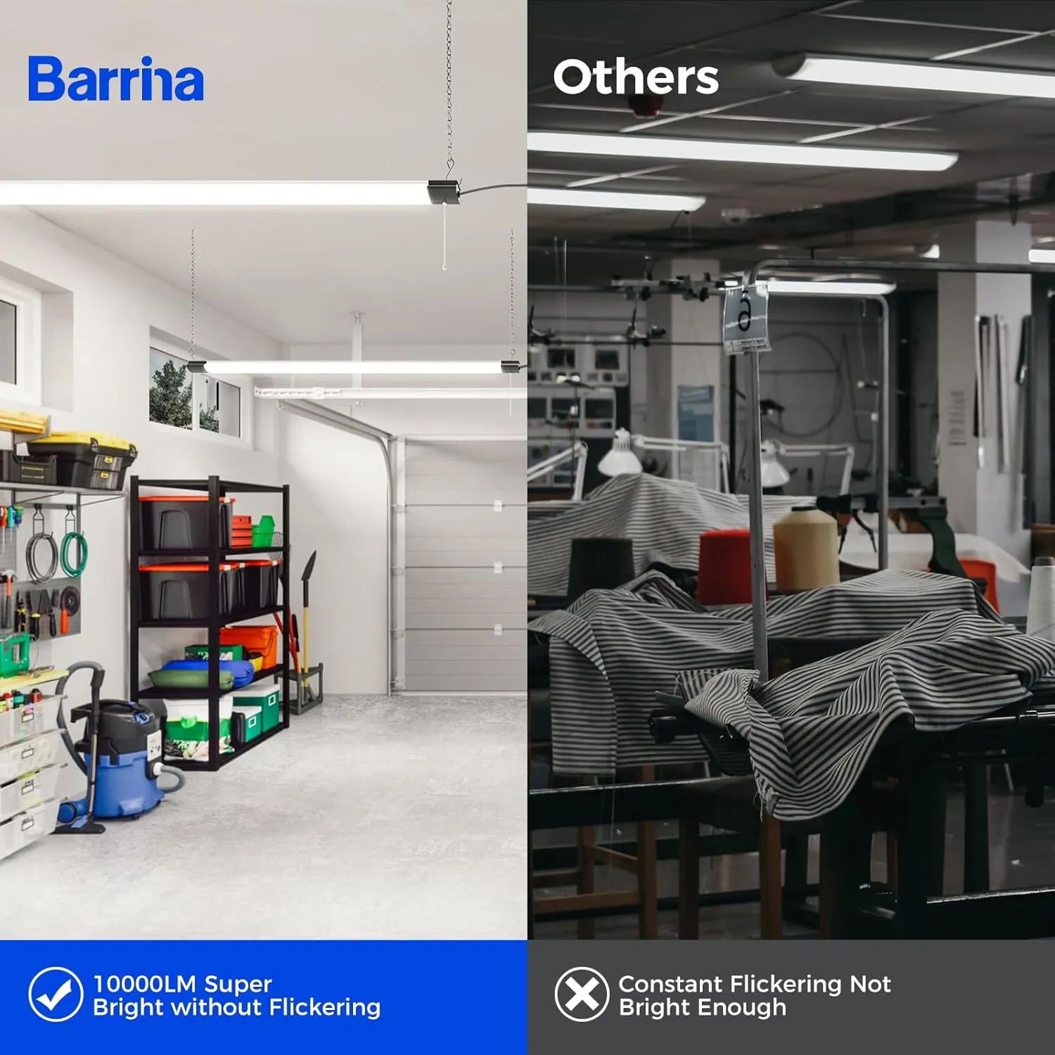 Barrina LED Shop Light for Garage, 10000LM, 84W, 4FT, 5000K Linkable Light Fixture for Workshop, Basement, Hanging or Flush Mount, Heat Dissipation with Pull Chain Switch, ETL,1 Pack
