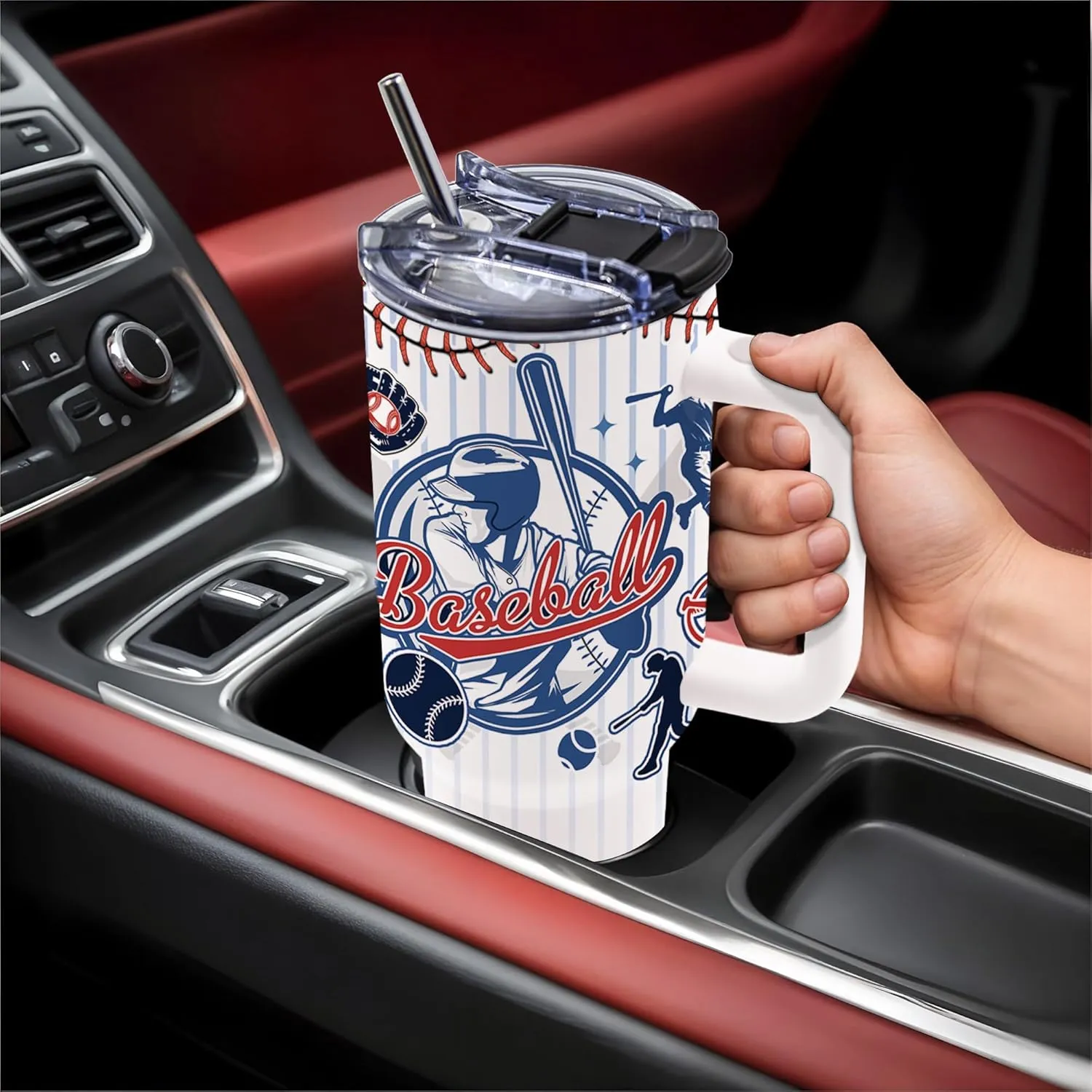 Baseball 40oz Tumbler with Handle, Insulated Sport Bottles with Lid, Baseball Water Bottle Gift for Men, Baseball Lover, Player Fan Coach, Birthday Gifts for Men, Dad, Husband, Boyfriend