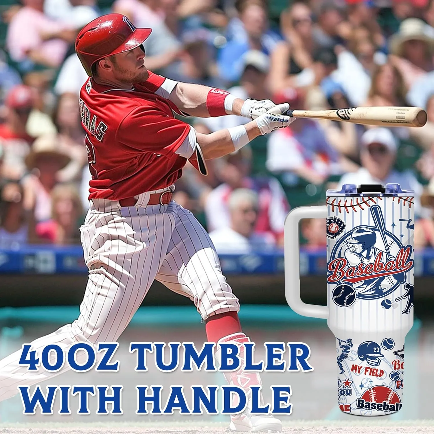 Baseball 40oz Tumbler with Handle, Insulated Sport Bottles with Lid, Baseball Water Bottle Gift for Men, Baseball Lover, Player Fan Coach, Birthday Gifts for Men, Dad, Husband, Boyfriend