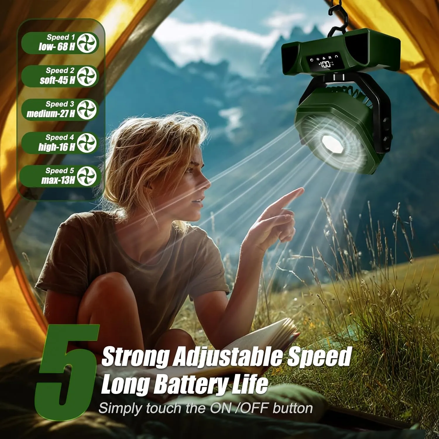 Battery Operated Camping Fan, 20000mAh USB Rechargeable Fan, 10in Auto Oscillating Desk Fan with Remote Light, 5 Speeds 3 Light Color & 4 Timer Mode, Portable Hook for Tent Beach Home Office