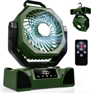 Battery Operated Camping Fan, 20000mAh USB Rechargeable Fan, 10in Auto Oscillating Desk Fan with Remote Light, 5 Speeds 3 Light Color & 4 Timer Mode, Portable Hook for Tent Beach Home Office