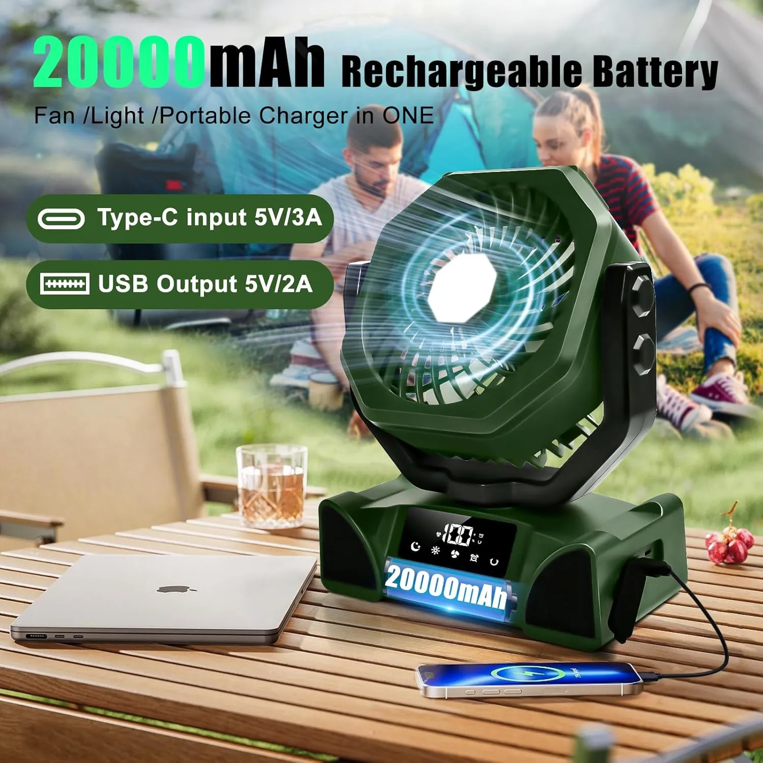 Battery Operated Camping Fan, 20000mAh USB Rechargeable Fan, 10in Auto Oscillating Desk Fan with Remote Light, 5 Speeds 3 Light Color & 4 Timer Mode, Portable Hook for Tent Beach Home Office