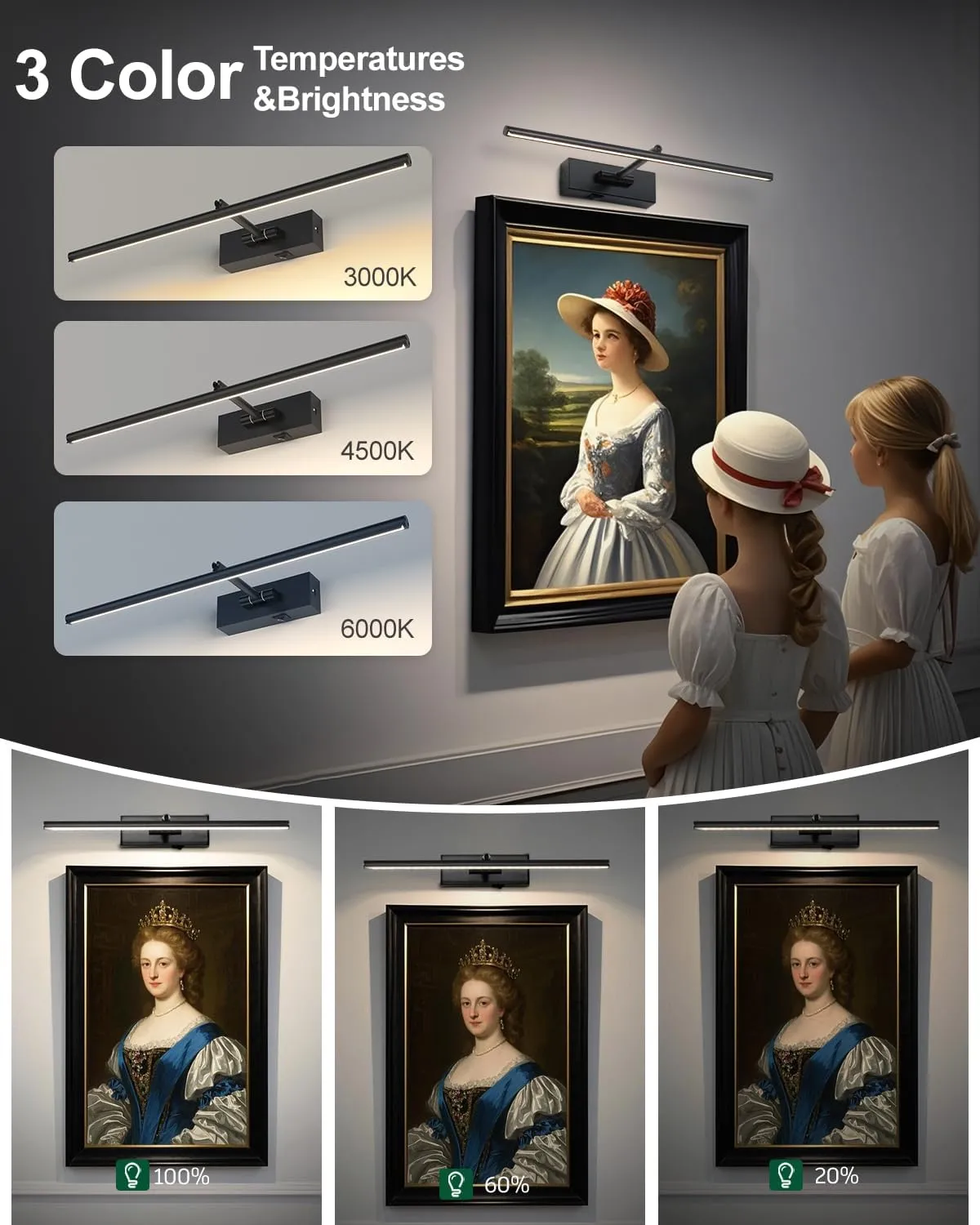 Battery Operated Picture Light with Wireless Remote 3CCT Dimmable Black Wall Art Lights for Paintings Rechargeable Home Decor Gallery Light 16'' Artwork Lighting for Canvas Timer Function