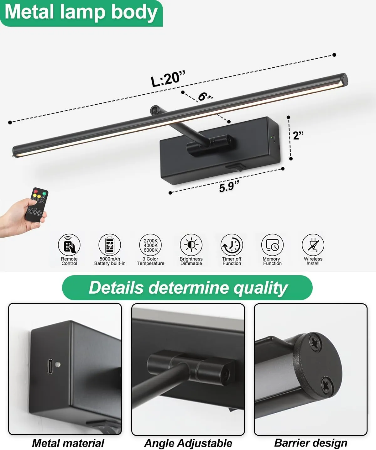 Battery Operated Picture Light with Wireless Remote 3CCT Dimmable Black Wall Art Lights for Paintings Rechargeable Home Decor Gallery Light 16'' Artwork Lighting for Canvas Timer Function