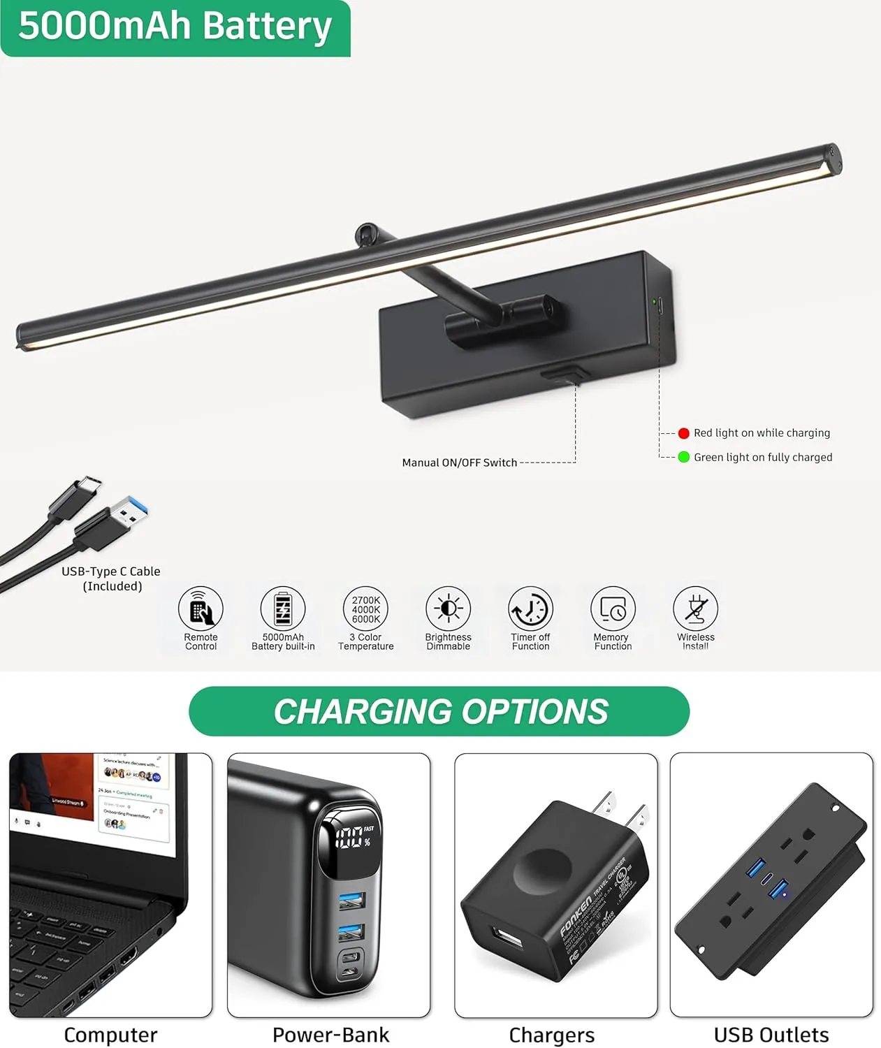 Battery Operated Picture Light with Wireless Remote 3CCT Dimmable Black Wall Art Lights for Paintings Rechargeable Home Decor Gallery Light 16'' Artwork Lighting for Canvas Timer Function