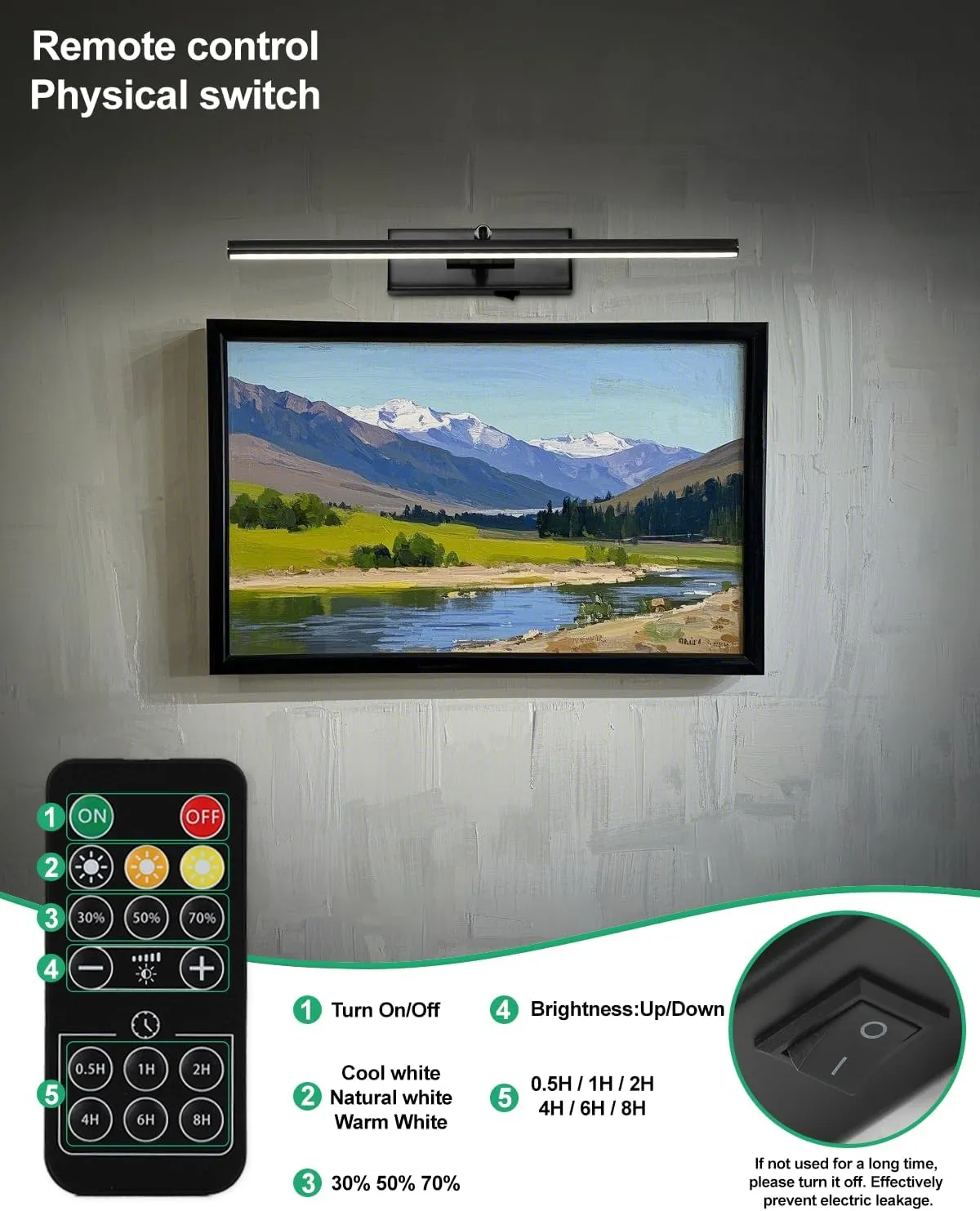 Battery Operated Picture Light with Wireless Remote 3CCT Dimmable Black Wall Art Lights for Paintings Rechargeable Home Decor Gallery Light 16'' Artwork Lighting for Canvas Timer Function