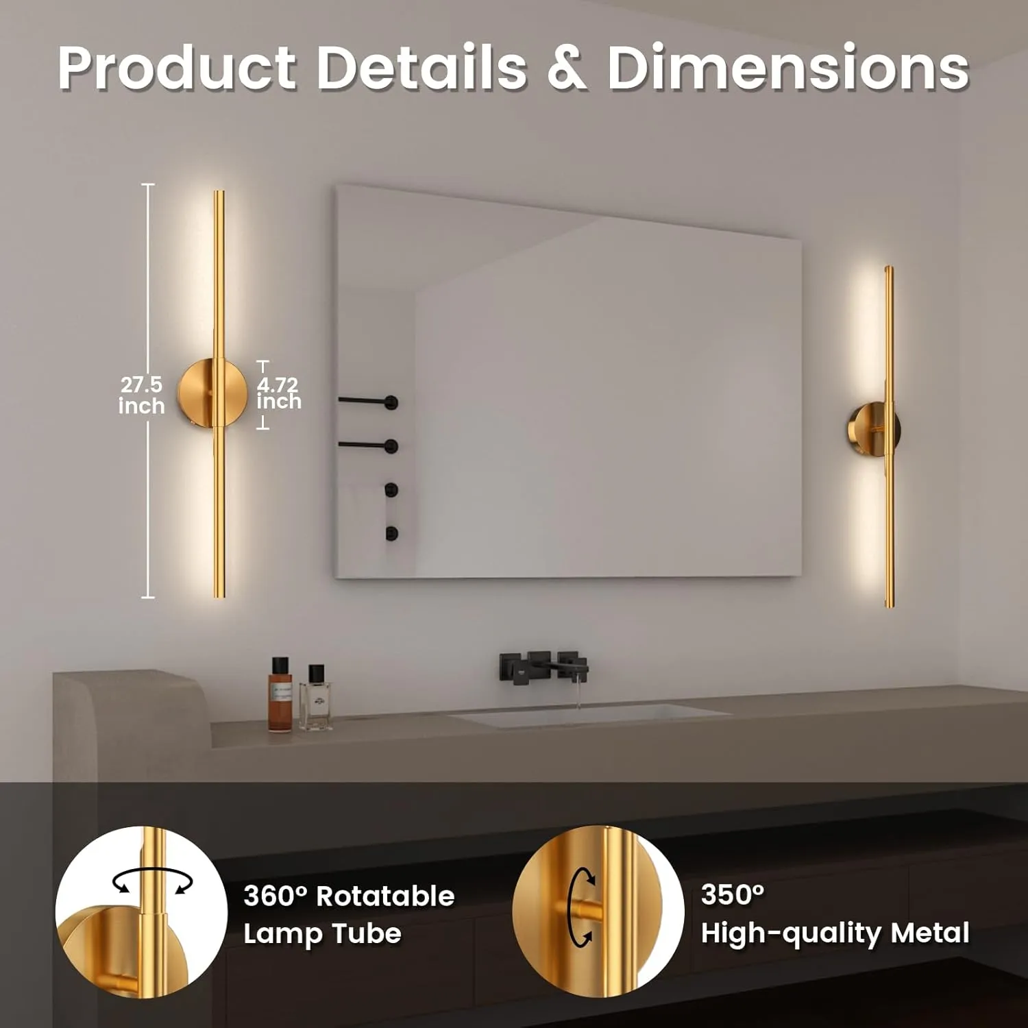 Battery Operated Wall Sconces Set of 2, 360°Rotation Wireless Rechargeable Wall Lights: Dimmable Detachable Wall Lamp with Remote Control, 3000K-6000K Infinite Dimming Wall Sconce 27.6 Inch