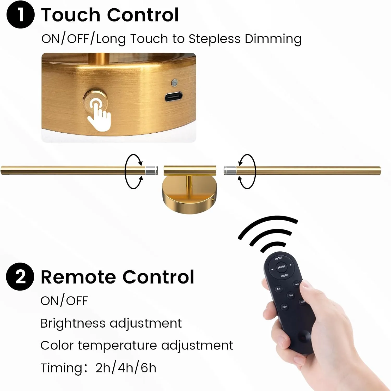 Battery Operated Wall Sconces Set of 2, 360°Rotation Wireless Rechargeable Wall Lights: Dimmable Detachable Wall Lamp with Remote Control, 3000K-6000K Infinite Dimming Wall Sconce 27.6 Inch