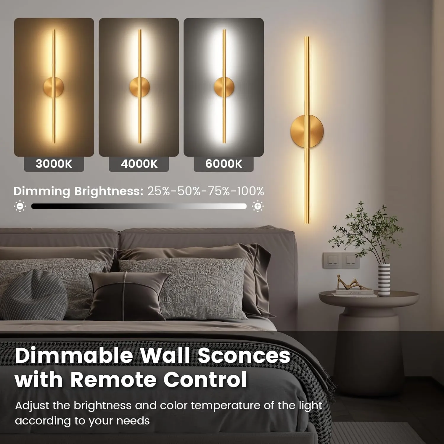 Battery Operated Wall Sconces Set of 2, 360°Rotation Wireless Rechargeable Wall Lights: Dimmable Detachable Wall Lamp with Remote Control, 3000K-6000K Infinite Dimming Wall Sconce 27.6 Inch