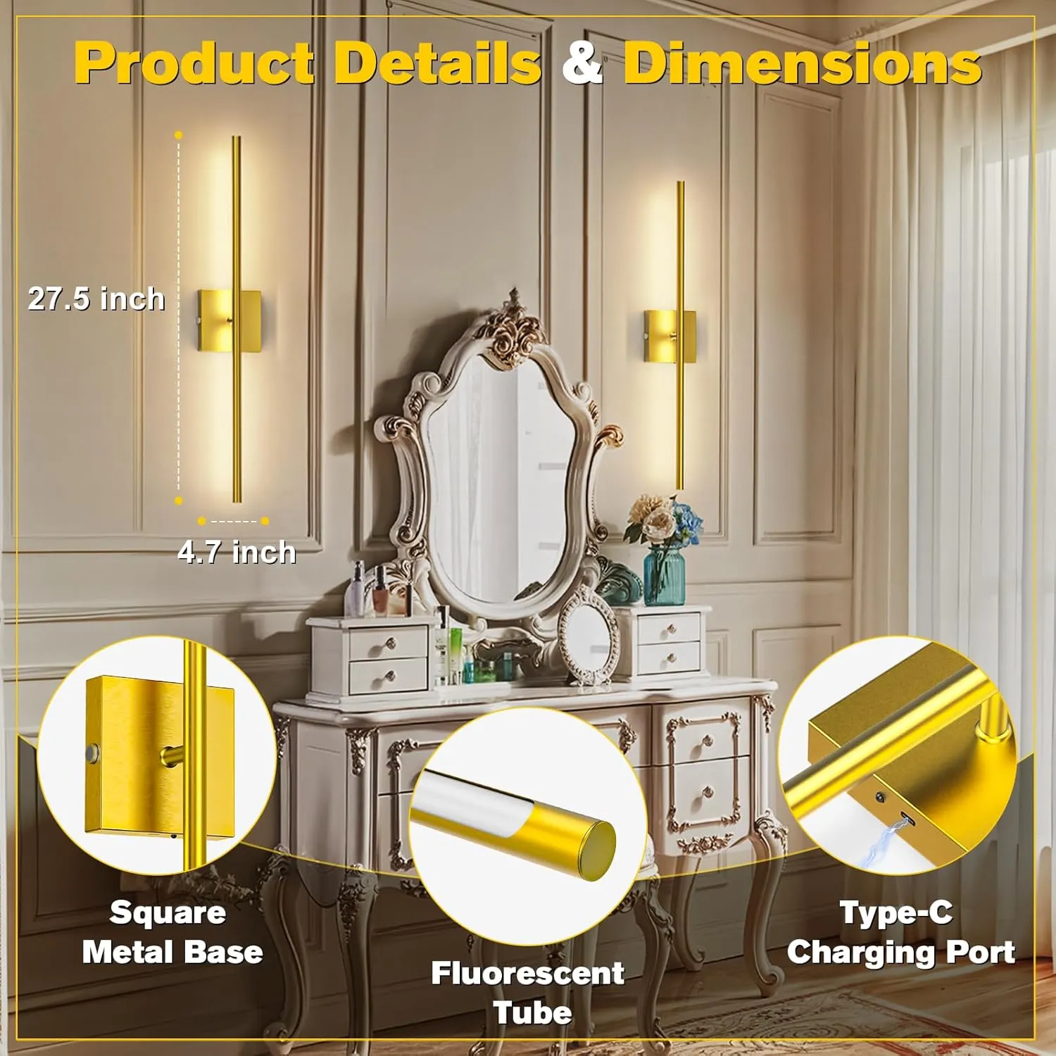 Battery Operated Wall Sconces Set of 2,Wireless Rechargeable Wall Lights: Dimmable Detachable Wall Lamp with Remote Control, 3000K-6500K Infinite Dimming, Wall Sconce for Bedroom Room 27.5 Inch