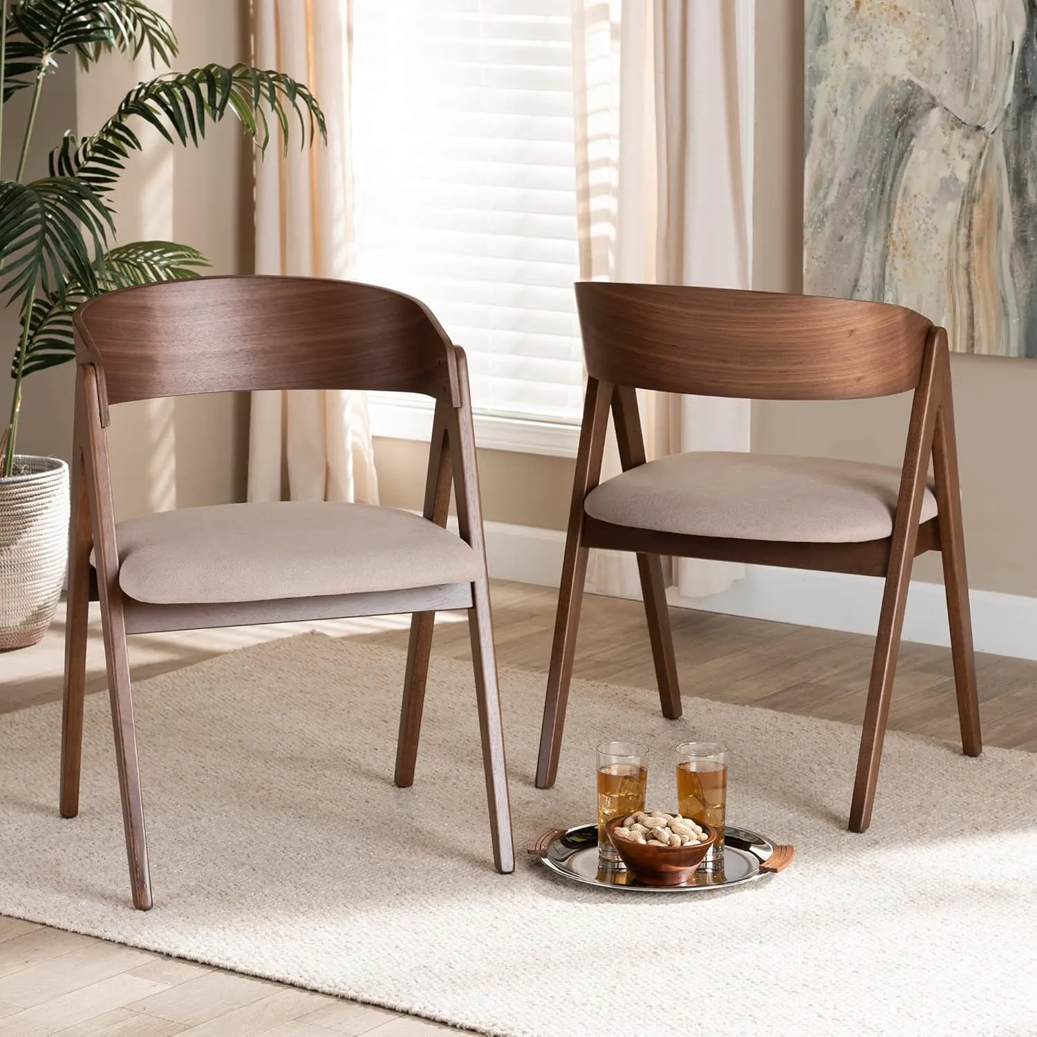Baxton Studio Danton Dining Chair Beige Fabric Upholstered and Walnut Brown Finished Wood 2-Piece Dining Chair Set