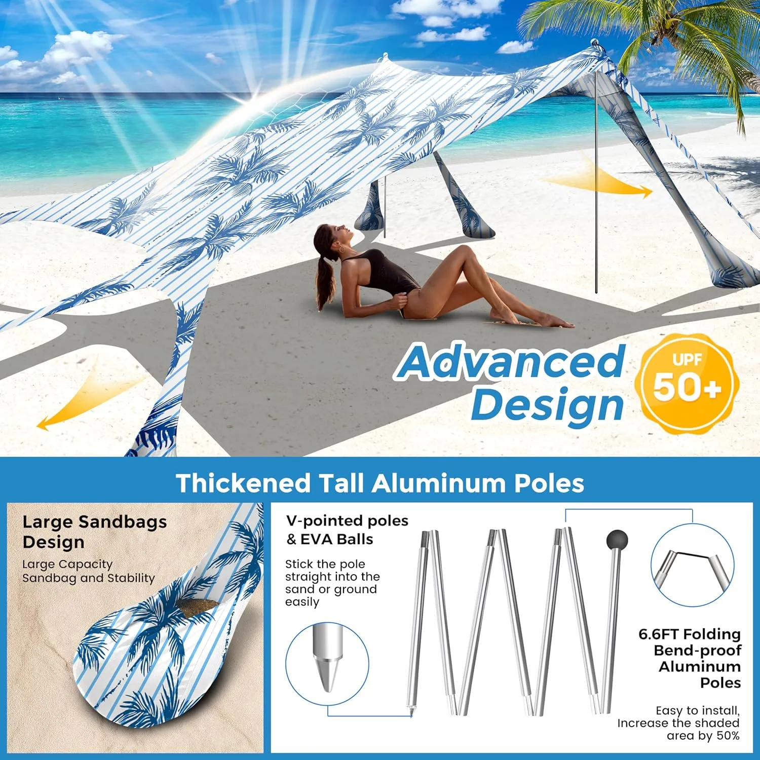 Beach Canopy Beach Tent Pop Up Shade 10x10ft Sun Shelter UPF50  with 8 Sandbags-2 Sand Shovel-4 Aluminum Poles-Ground Pegs-Portable Carrying Bag for Outdoor Family Camping Fishing Yard Picnic