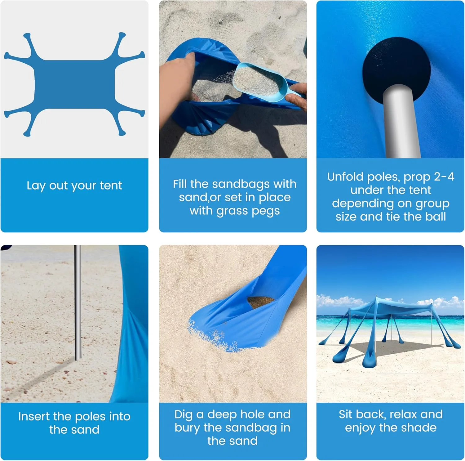 Beach Canopy Beach Tent Pop Up Shade 10x10ft Sun Shelter UPF50  with 8 Sandbags-2 Sand Shovel-4 Aluminum Poles-Ground Pegs-Portable Carrying Bag for Outdoor Family Camping Fishing Yard Picnic
