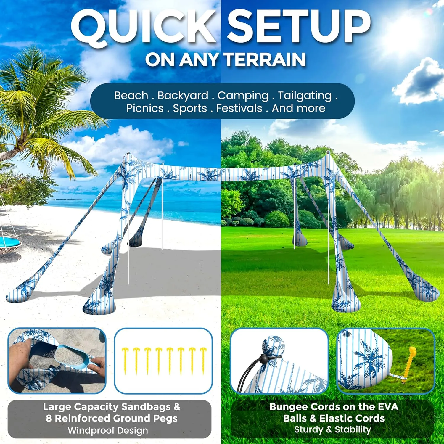 Beach Canopy Beach Tent Pop Up Shade 10x10ft Sun Shelter UPF50  with 8 Sandbags-2 Sand Shovel-4 Aluminum Poles-Ground Pegs-Portable Carrying Bag for Outdoor Family Camping Fishing Yard Picnic