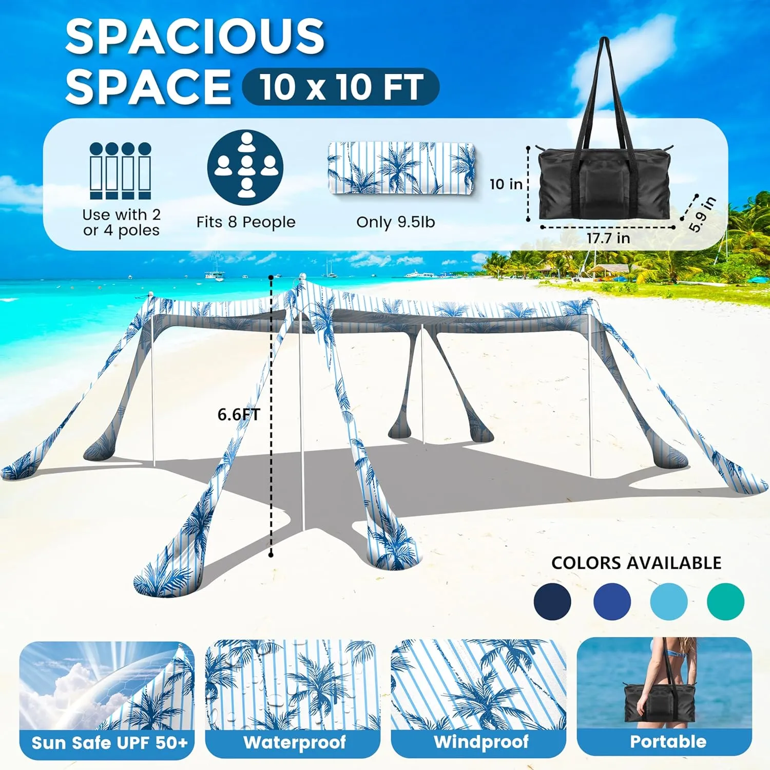 Beach Canopy Beach Tent Pop Up Shade 10x10ft Sun Shelter UPF50  with 8 Sandbags-2 Sand Shovel-4 Aluminum Poles-Ground Pegs-Portable Carrying Bag for Outdoor Family Camping Fishing Yard Picnic