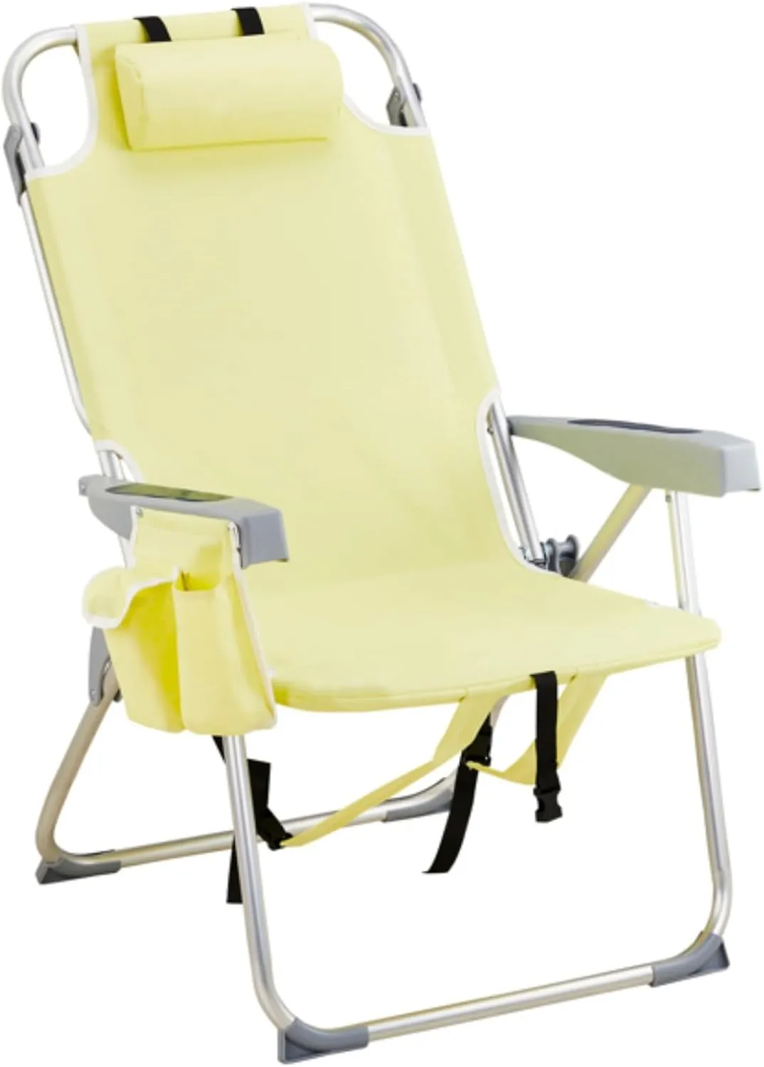 Beach Chair for Adults, Portable Outdoor Reclining Camping Chair with 5-Position, Lightweight Folding Chairs with Headrest, Cooler Pouch, Cup Holders, Towel Bar, Shoulder Strap (Yellow)