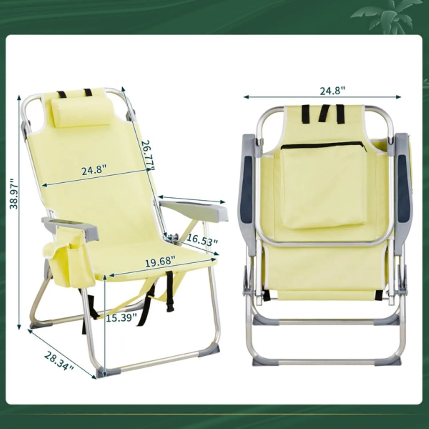 Beach Chair for Adults, Portable Outdoor Reclining Camping Chair with 5-Position, Lightweight Folding Chairs with Headrest, Cooler Pouch, Cup Holders, Towel Bar, Shoulder Strap (Yellow)