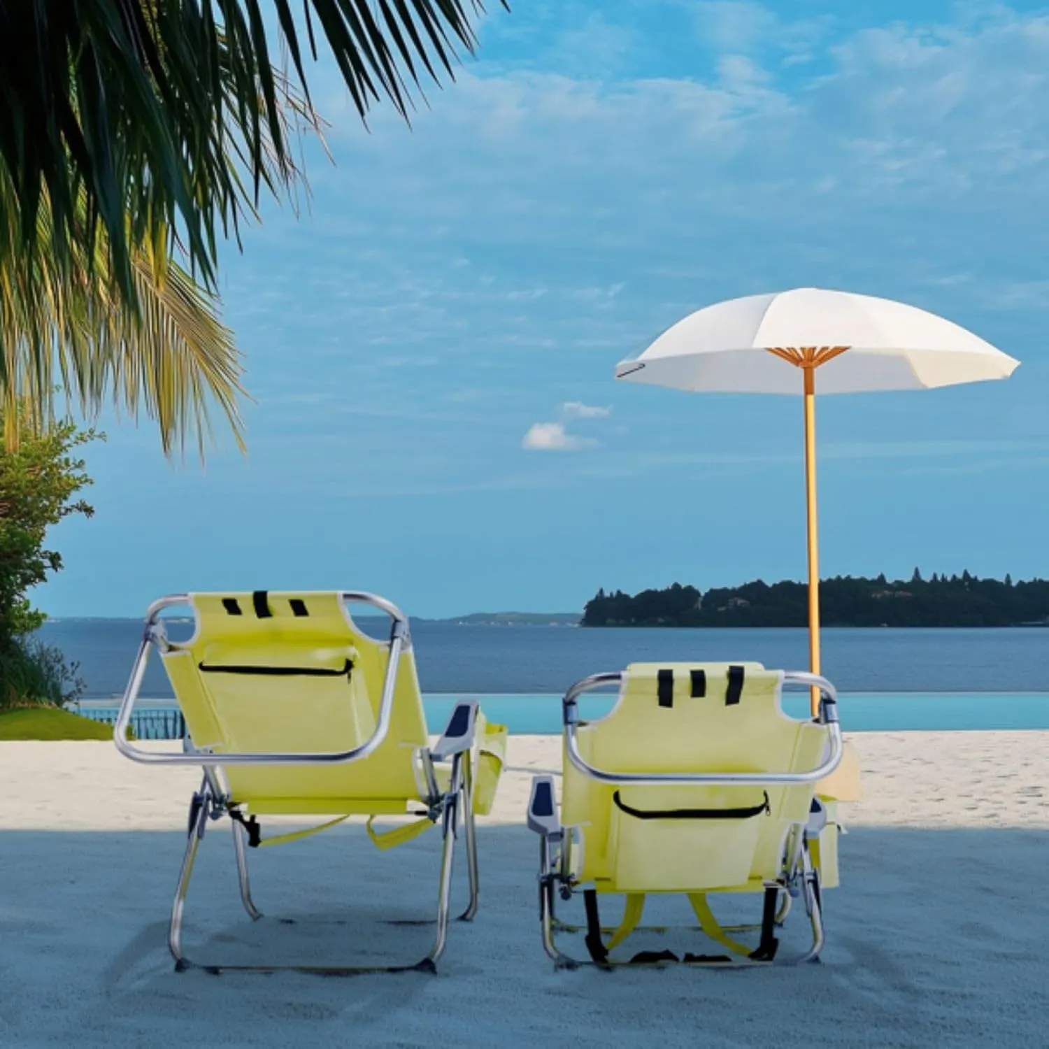 Beach Chair for Adults, Portable Outdoor Reclining Camping Chair with 5-Position, Lightweight Folding Chairs with Headrest, Cooler Pouch, Cup Holders, Towel Bar, Shoulder Strap (Yellow)