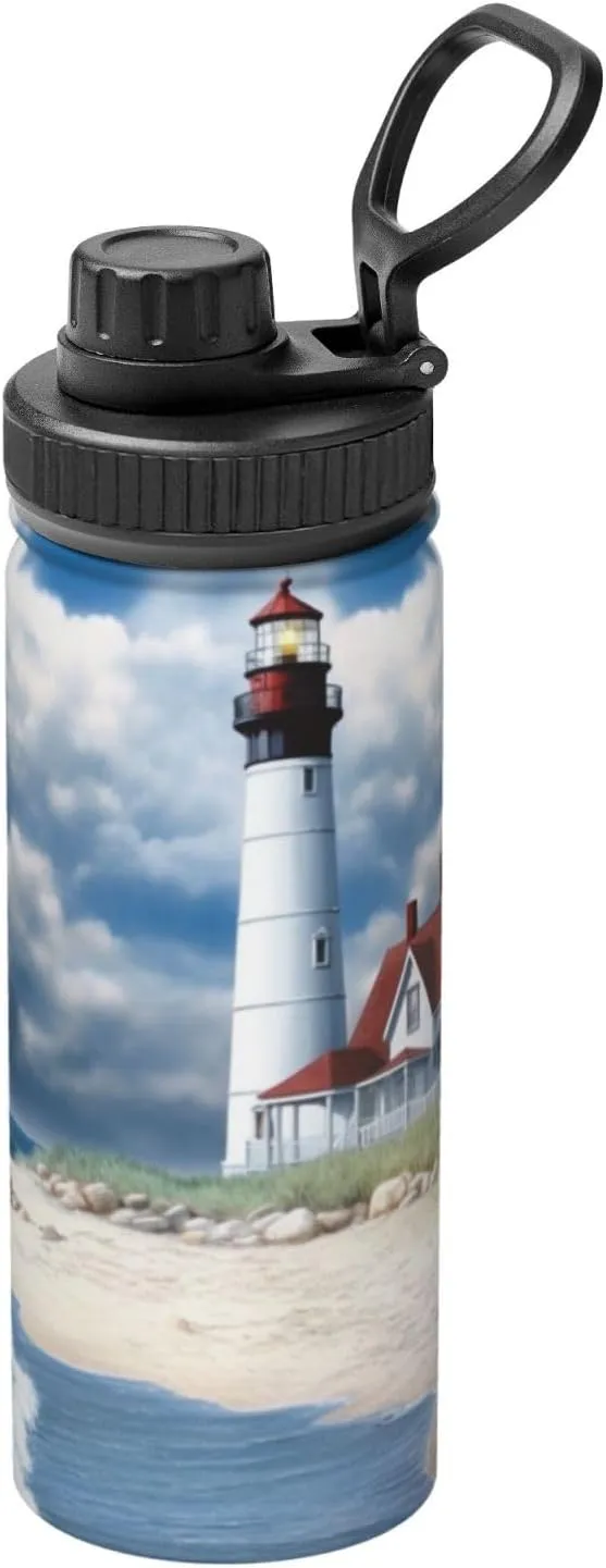 Beach Lighthouse 18 oz Stainless Steel Water Bottles Insulated Sports Water Bottle with Handle, Sea Blue Sky Cloud Double Wall Travel Water Flask for Men Women