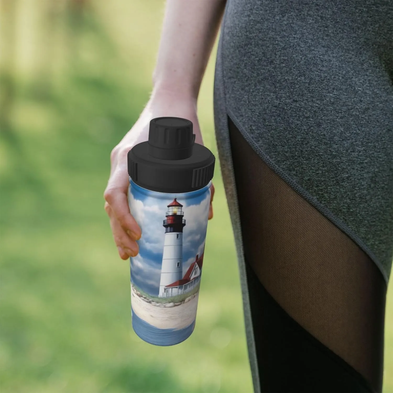 Beach Lighthouse 18 oz Stainless Steel Water Bottles Insulated Sports Water Bottle with Handle, Sea Blue Sky Cloud Double Wall Travel Water Flask for Men Women