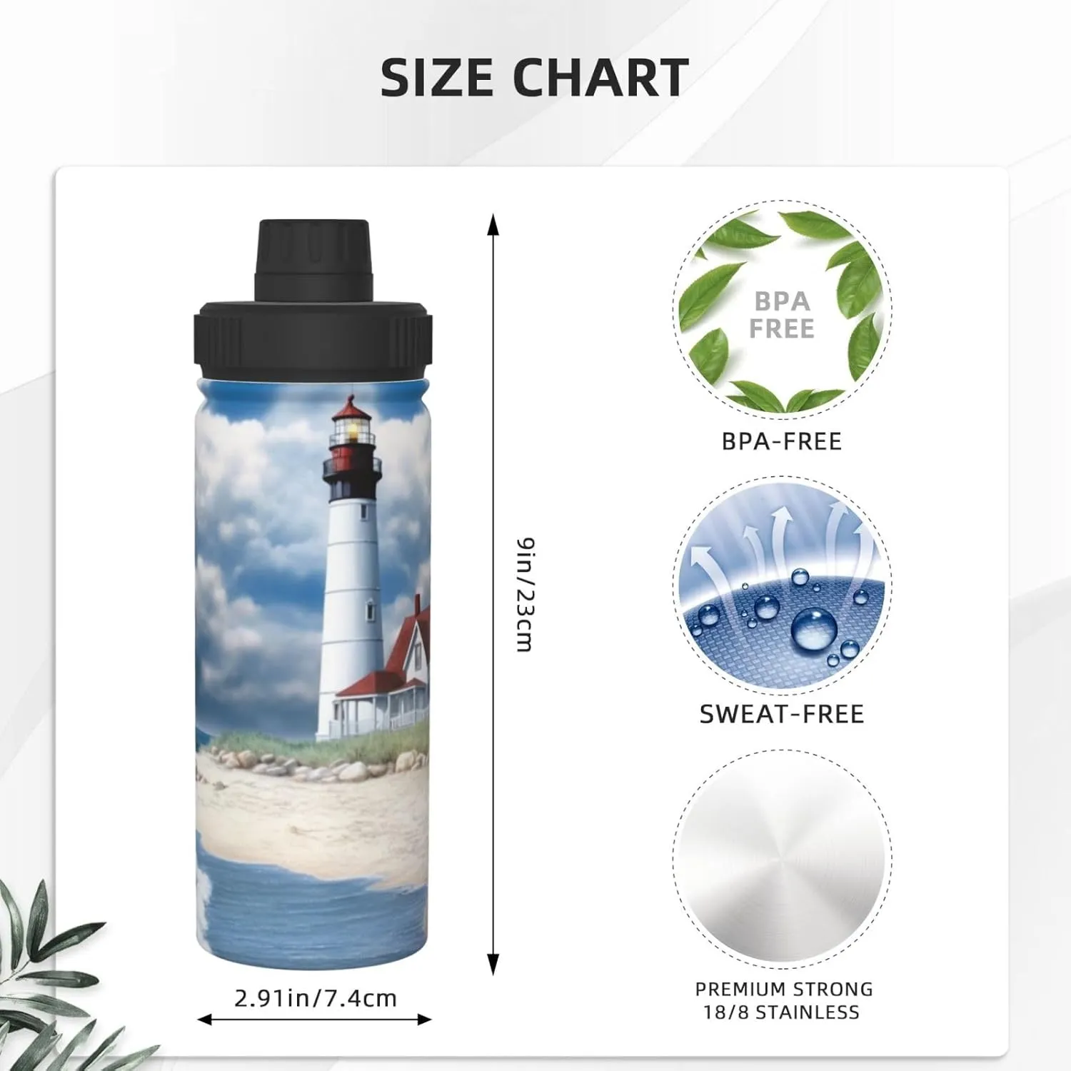 Beach Lighthouse 18 oz Stainless Steel Water Bottles Insulated Sports Water Bottle with Handle, Sea Blue Sky Cloud Double Wall Travel Water Flask for Men Women
