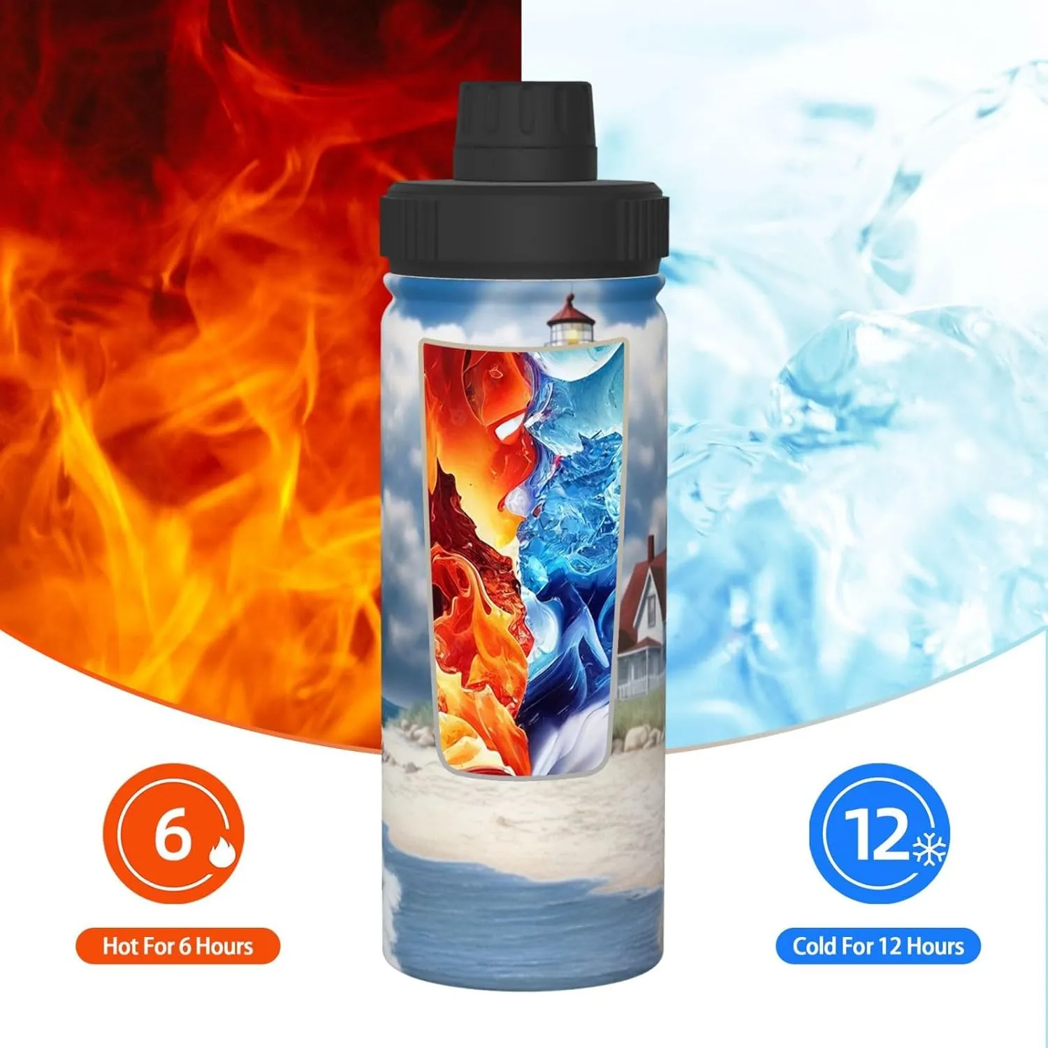 Beach Lighthouse 18 oz Stainless Steel Water Bottles Insulated Sports Water Bottle with Handle, Sea Blue Sky Cloud Double Wall Travel Water Flask for Men Women