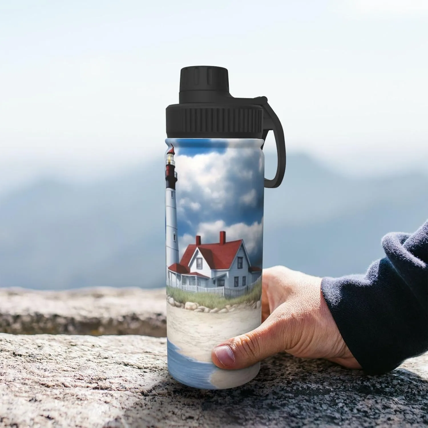 Beach Lighthouse 18 oz Stainless Steel Water Bottles Insulated Sports Water Bottle with Handle, Sea Blue Sky Cloud Double Wall Travel Water Flask for Men Women