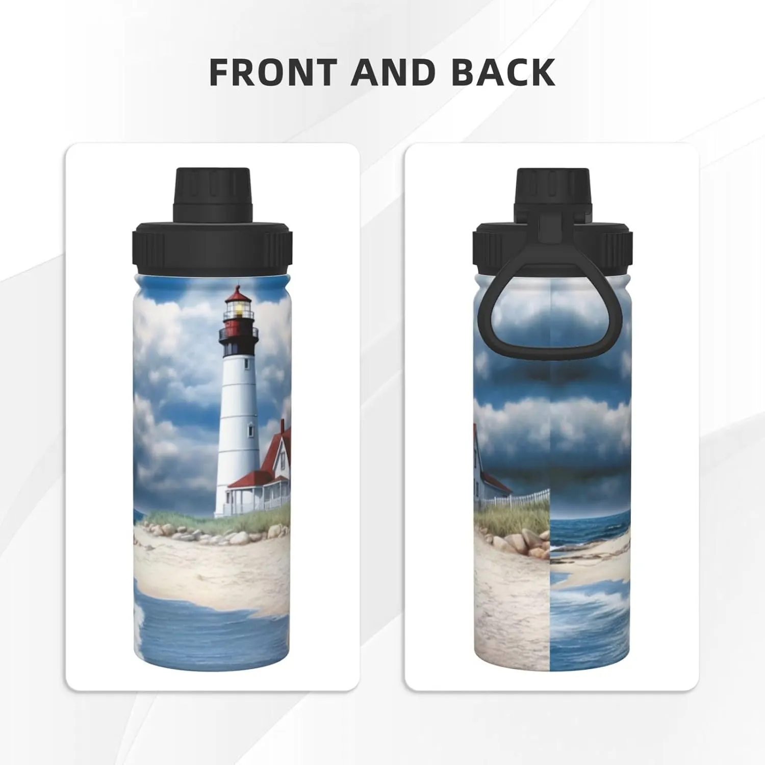 Beach Lighthouse 18 oz Stainless Steel Water Bottles Insulated Sports Water Bottle with Handle, Sea Blue Sky Cloud Double Wall Travel Water Flask for Men Women