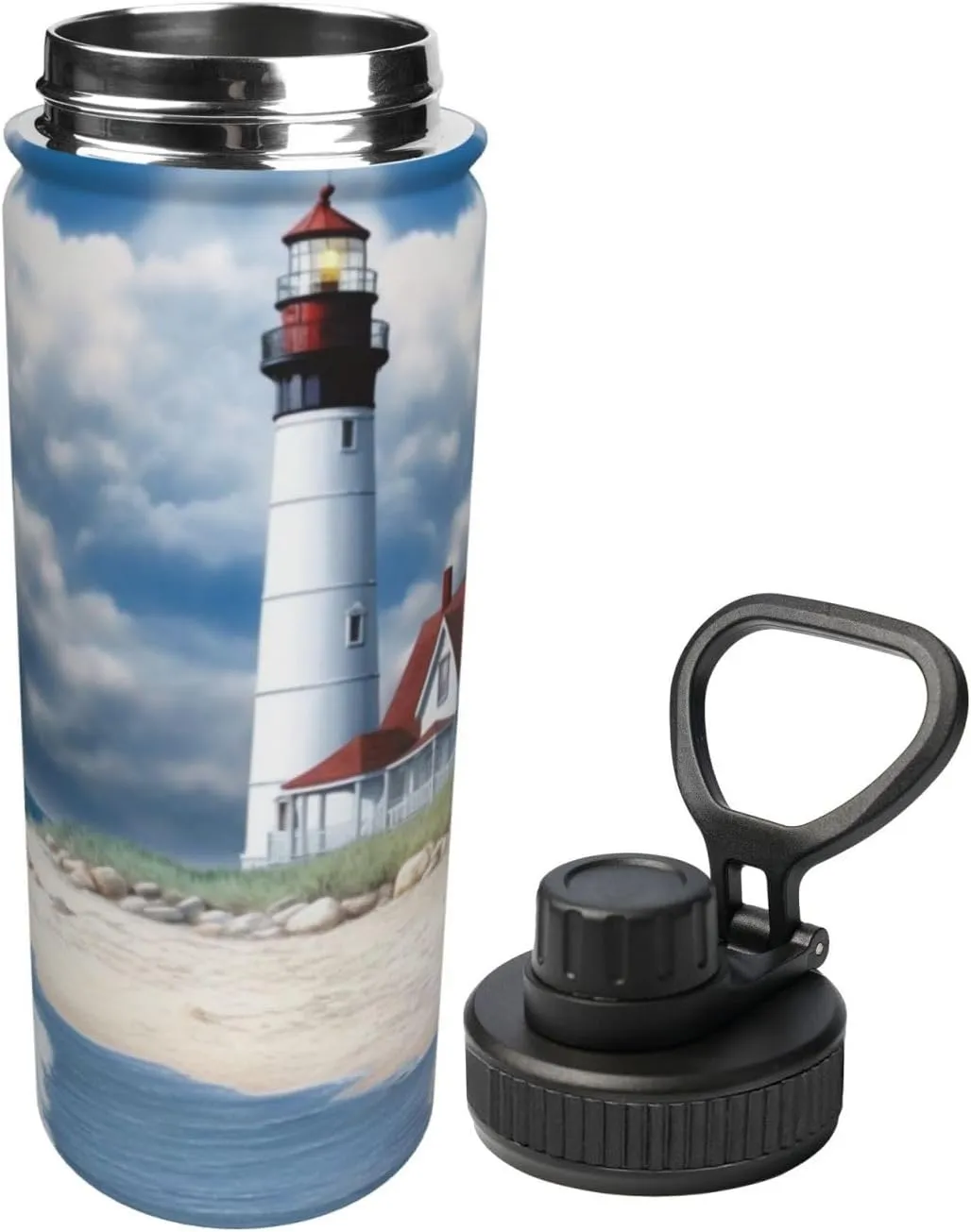 Beach Lighthouse 18 oz Stainless Steel Water Bottles Insulated Sports Water Bottle with Handle, Sea Blue Sky Cloud Double Wall Travel Water Flask for Men Women