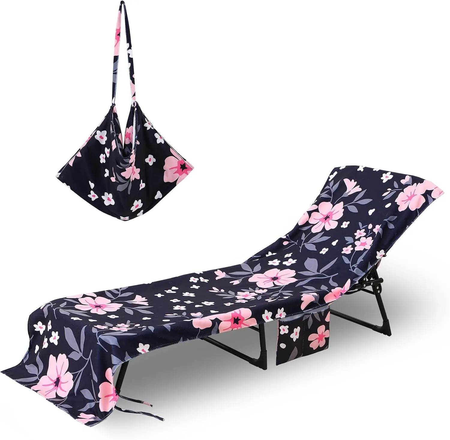 Beach Lounge Chair Towel Cover,Soft Microfiber Chaise Lounge Towel Cover Patio Pool Chairs Cover with Side Pockets,80" x 26" Chair Cover for Beach/Pool Sunbathing Holiday (Flower)