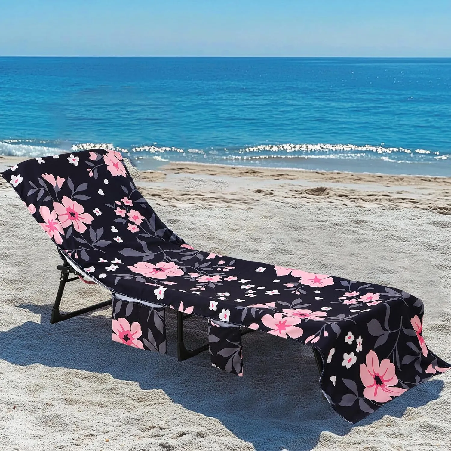 Beach Lounge Chair Towel Cover,Soft Microfiber Chaise Lounge Towel Cover Patio Pool Chairs Cover with Side Pockets,80" x 26" Chair Cover for Beach/Pool Sunbathing Holiday (Flower)