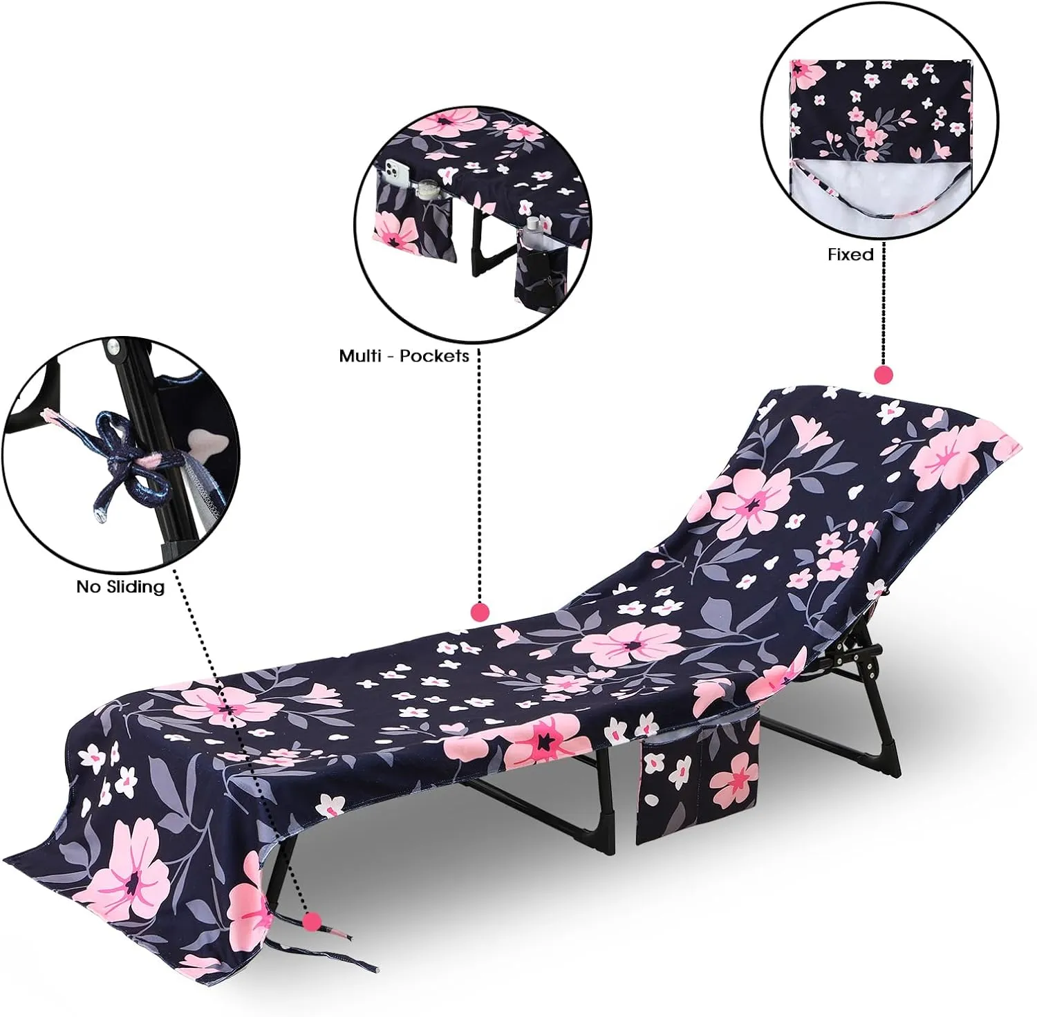 Beach Lounge Chair Towel Cover,Soft Microfiber Chaise Lounge Towel Cover Patio Pool Chairs Cover with Side Pockets,80" x 26" Chair Cover for Beach/Pool Sunbathing Holiday (Flower)