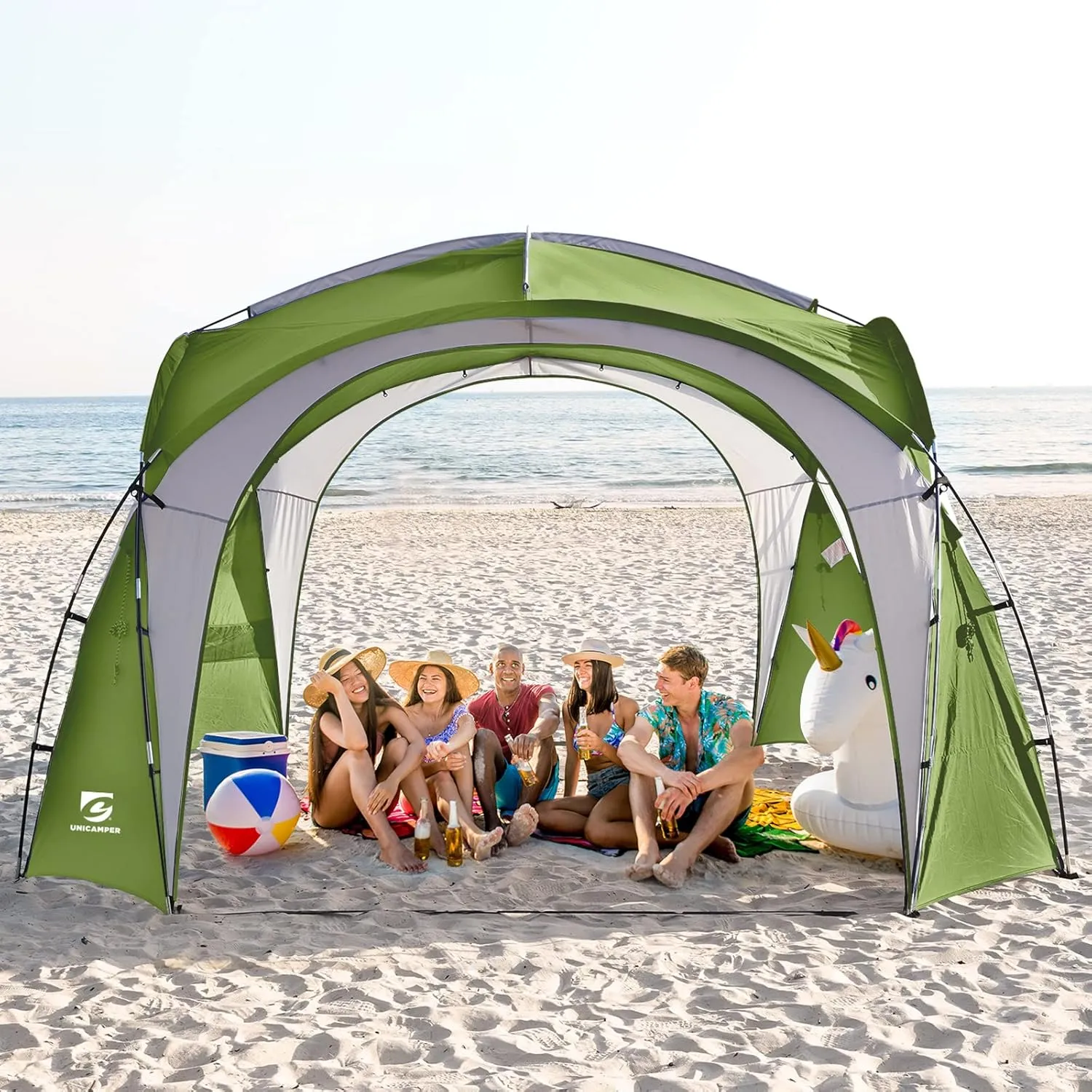 Beach Tent 12 X 12ft Large UPF50  Pop Up Canopy with 2-Pcs Side Wall, Sun Shelter Rainproof, Waterproof for Camping Trips, Backyard Fun, Fishing, Parties, Or Picnics(Green)