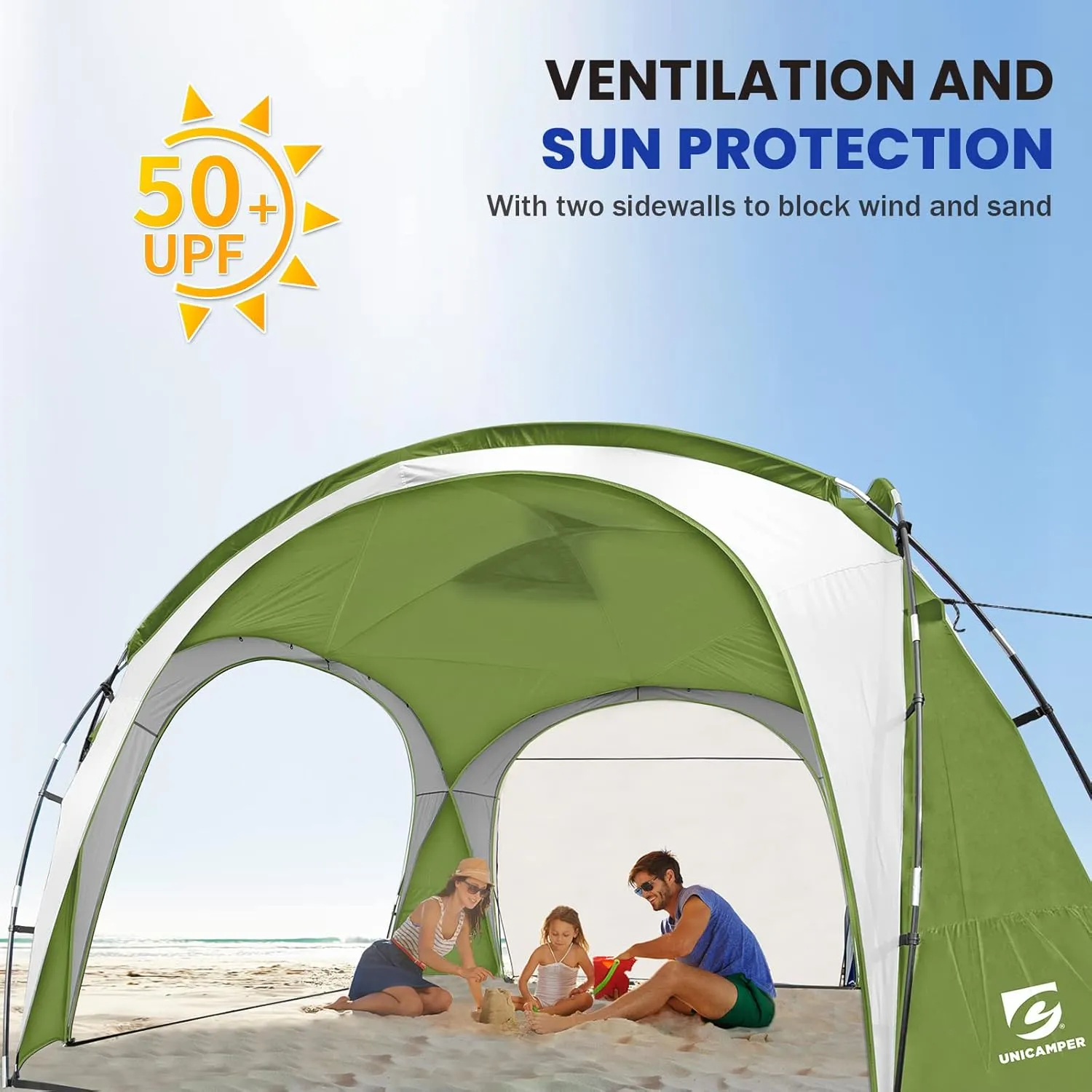 Beach Tent 12 X 12ft Large UPF50  Pop Up Canopy with 2-Pcs Side Wall, Sun Shelter Rainproof, Waterproof for Camping Trips, Backyard Fun, Fishing, Parties, Or Picnics(Green)