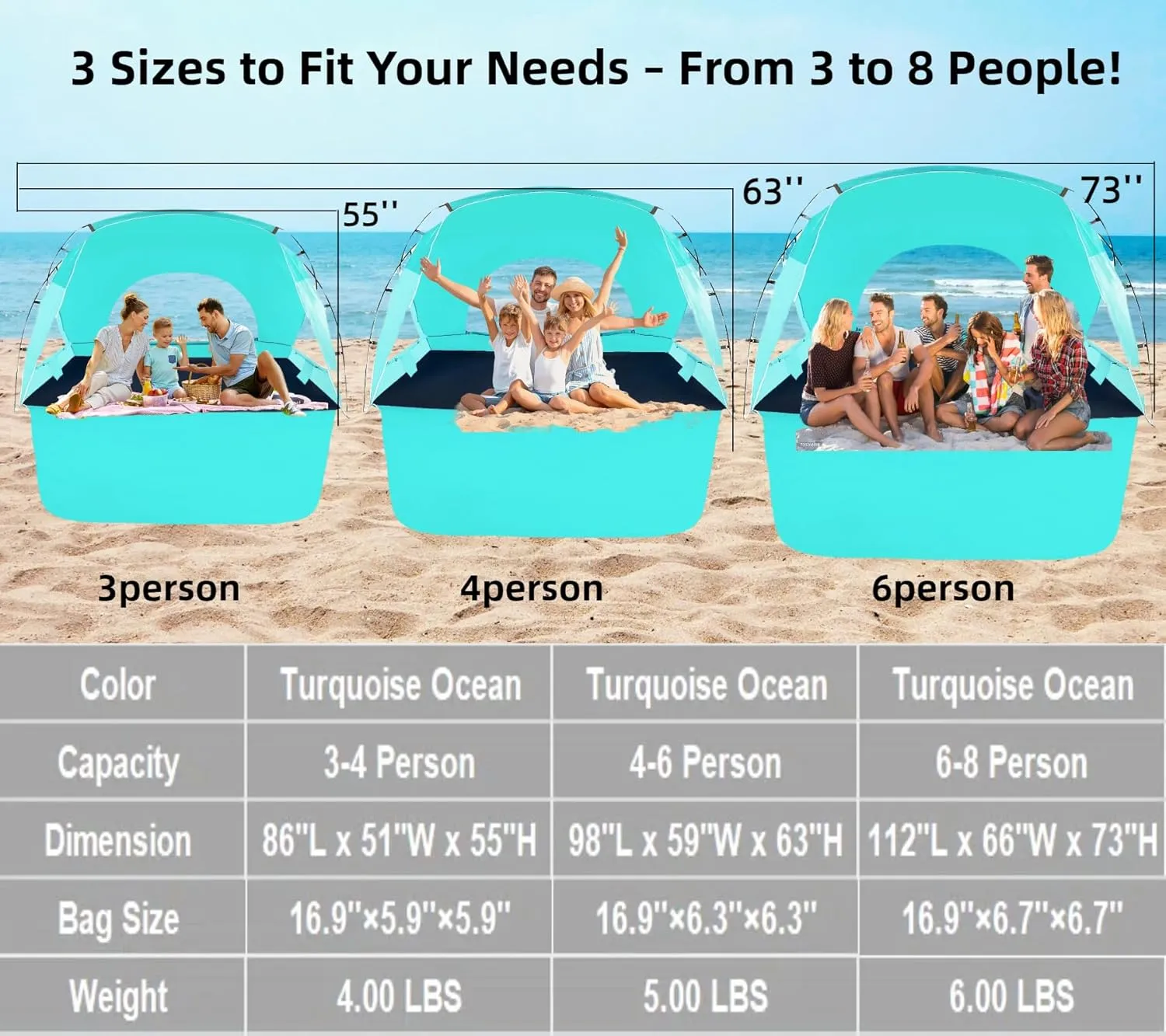 Beach Tent, Portable Sun Shelter for 2/3/4/6-8 Person with UPF 50  UV Protection, Easy Setup Waterproof Beach Shade Canopy Cabana for Family Outdoor and Picnics, Fishing with Carrying Bag