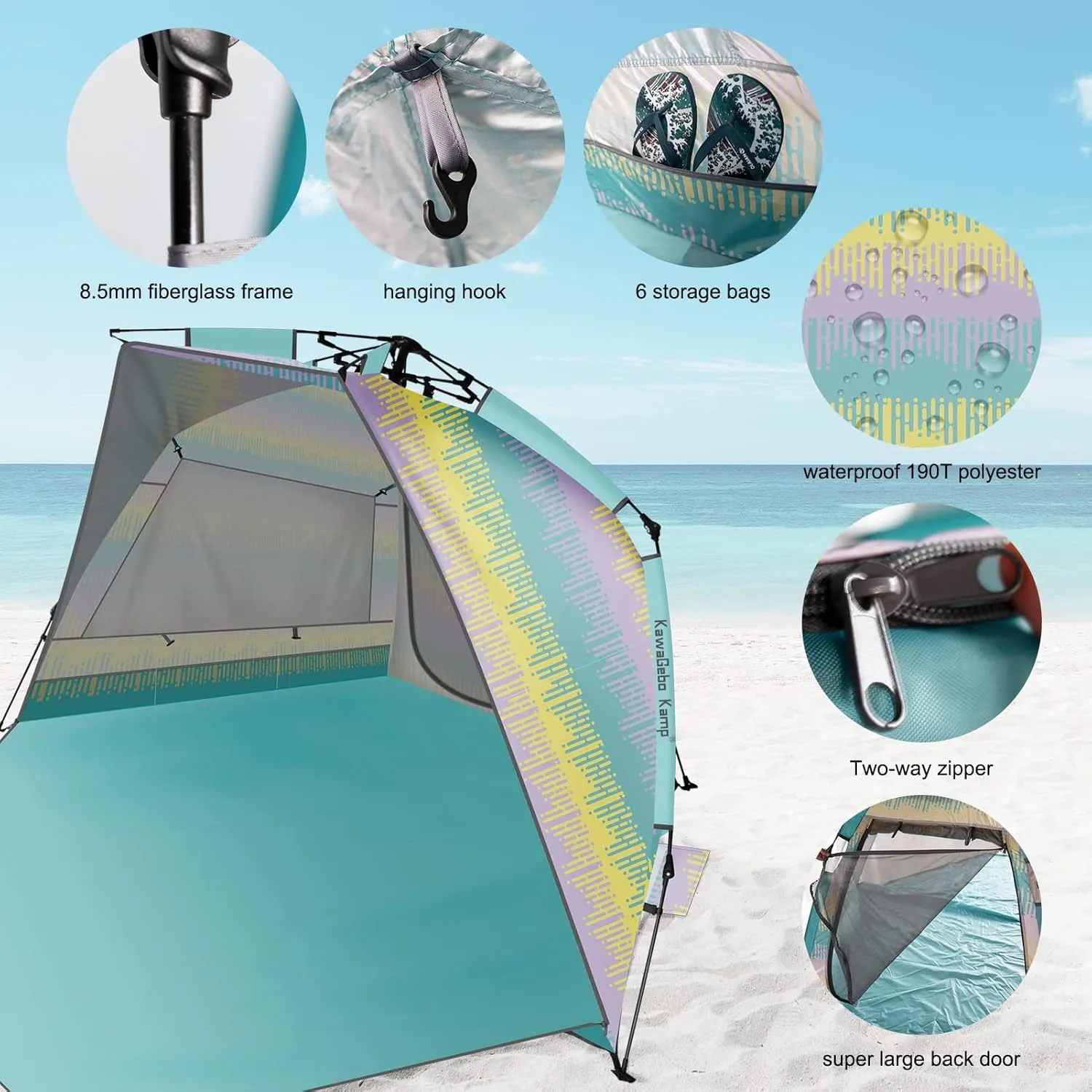 Beach Tent Sun Shelter for 4-6 Person - Pop Up Beach Tent UPF 50＋ UV Protection, Lightweight and Easy Setup Cabana, Extendable Floor with 3 Ventilating Windows, Carrying Bag