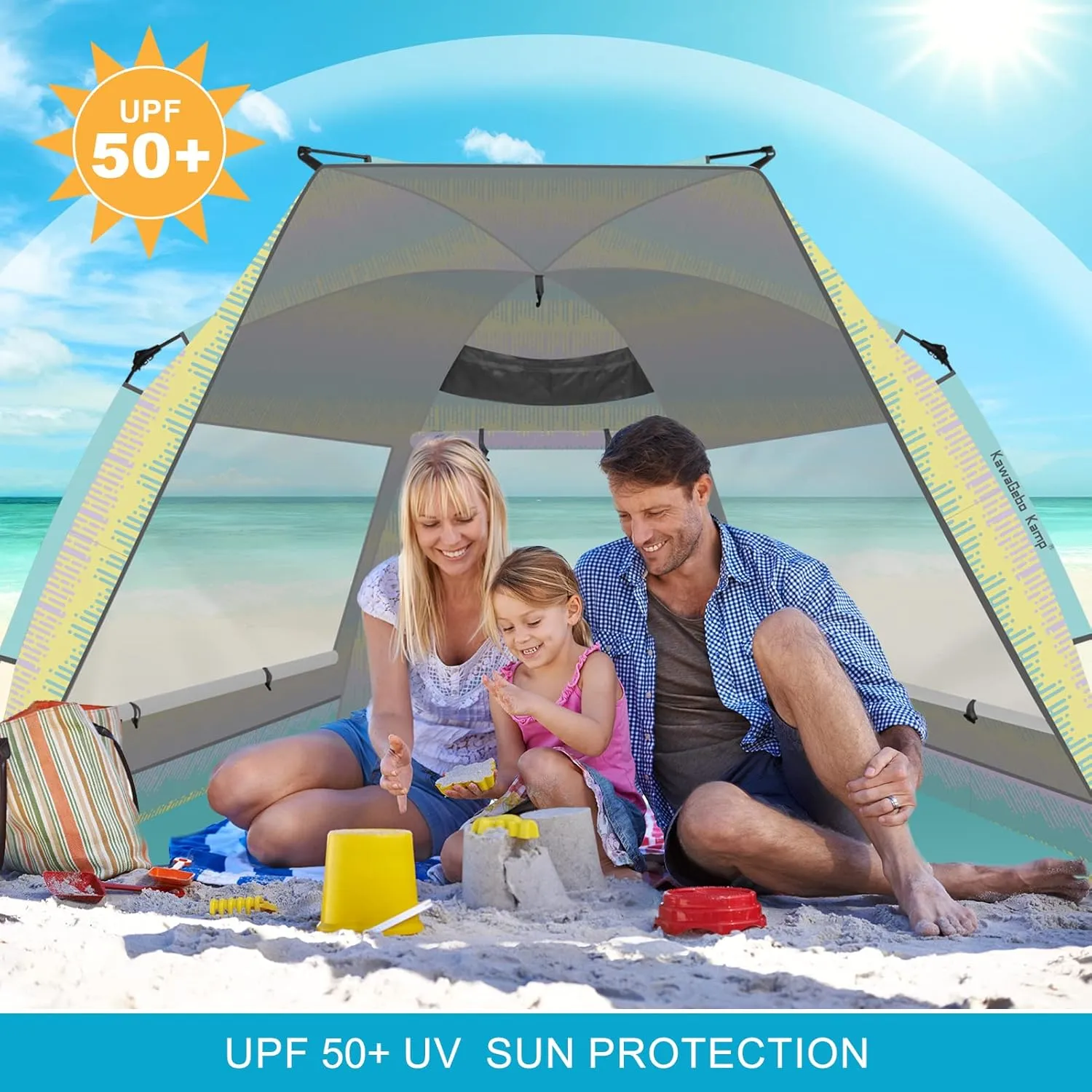 Beach Tent Sun Shelter for 4-6 Person - Pop Up Beach Tent UPF 50＋ UV Protection, Lightweight and Easy Setup Cabana, Extendable Floor with 3 Ventilating Windows, Carrying Bag