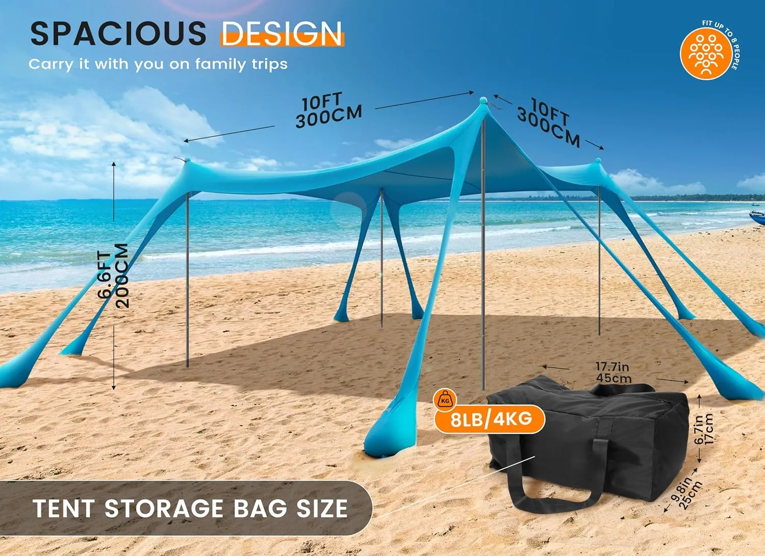 Beach Tent Sun Shelter, Portable Sun Canopy UPF50  Outdoor Shade with 4 Stability Poles and 8 Sandbags, 10 x 10ft, Sand Shovel, Ground Pegs and Carry Bag for Beach, Camping, Fishing, Picnics