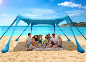 Beach Tent Sun Shelter, Portable Sun Canopy UPF50  Outdoor Shade with 4 Stability Poles and 8 Sandbags, 10 x 10ft, Sand Shovel, Ground Pegs and Carry Bag for Beach, Camping, Fishing, Picnics