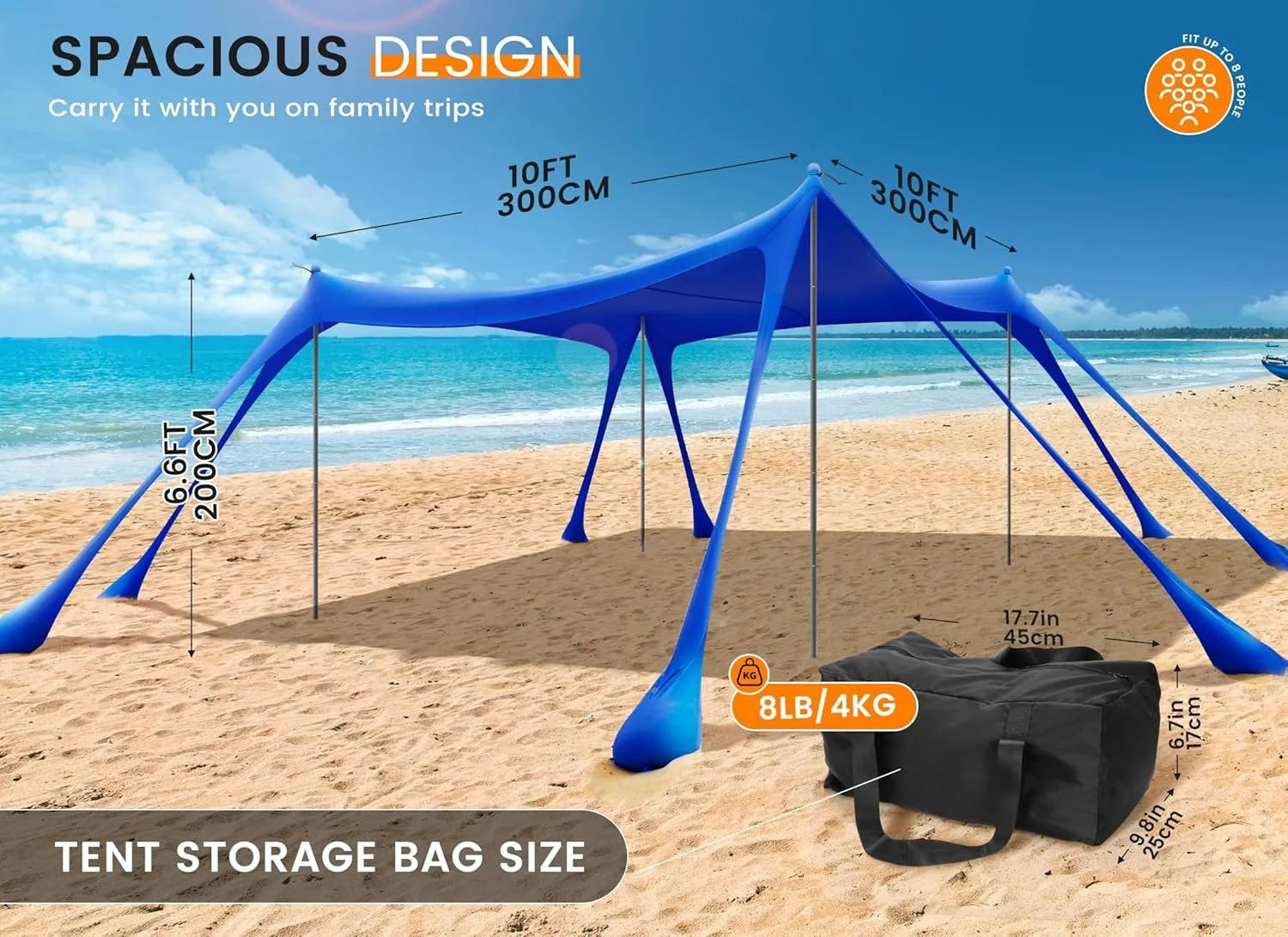 Beach Tent Sun Shelter, Portable Sun Canopy UPF50  Outdoor Shade with 4 Stability Poles and 8 Sandbags, 10 x 10ft, Sand Shovel, Ground Pegs and Carry Bag for Beach, Camping, Fishing, Picnics