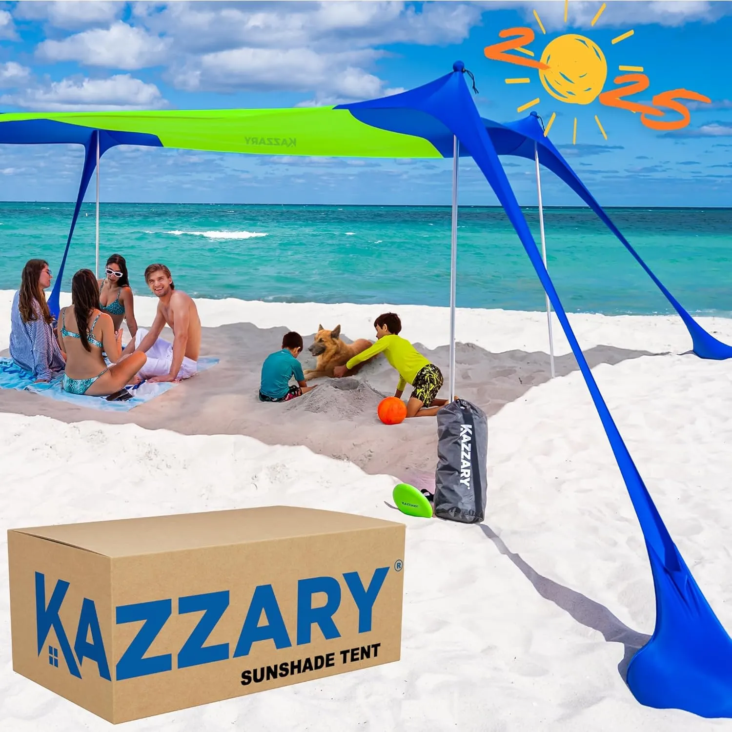 Beach Tent UPF50  Sun Shade Canopy with Sandbags, 4 Stability Poles, Ground Pegs, Flying Disc Sand Shovel, Lightweight Sunshade Shelter, 7ft Tall for Outdoor Trips, Camping and Sports