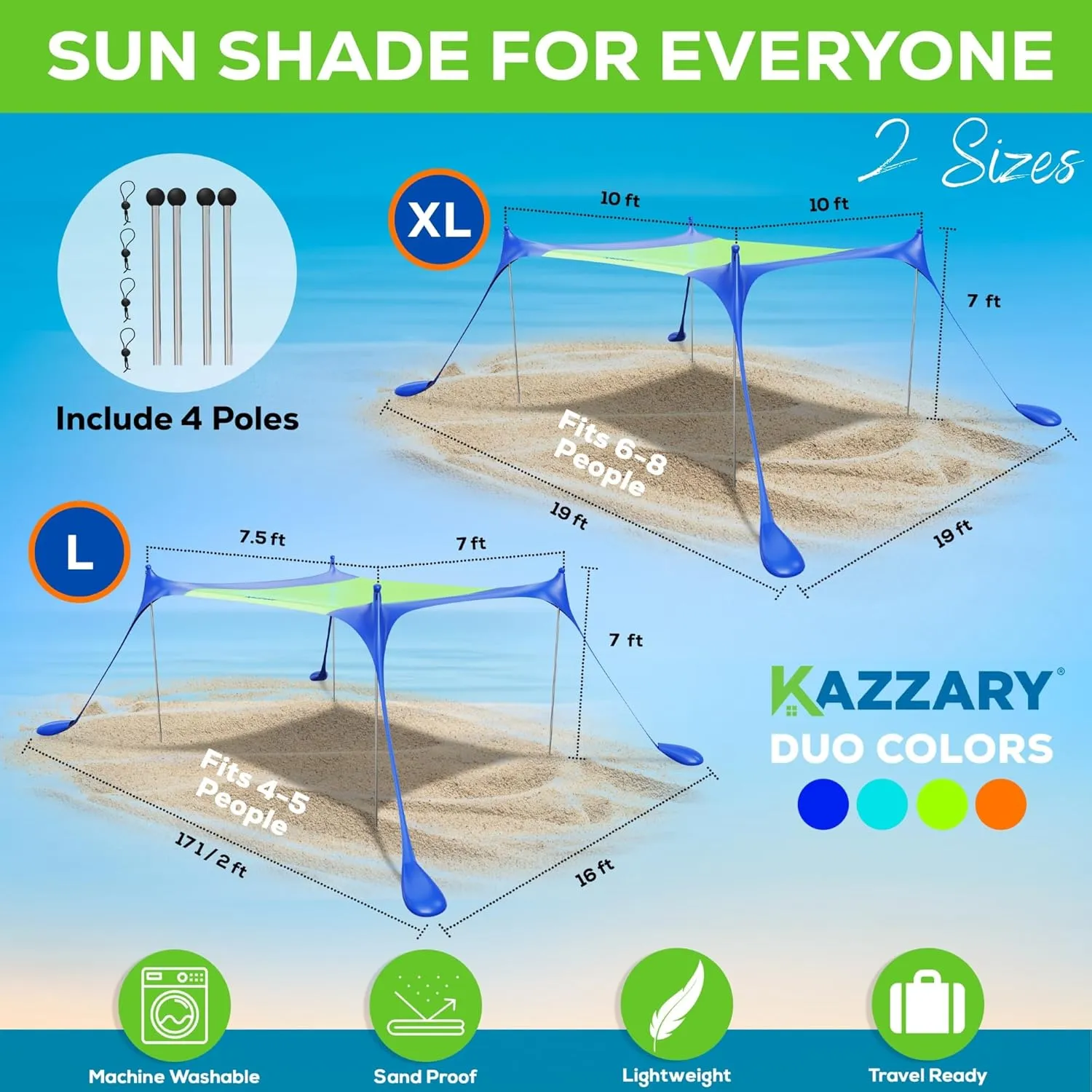 Beach Tent UPF50  Sun Shade Canopy with Sandbags, 4 Stability Poles, Ground Pegs, Flying Disc Sand Shovel, Lightweight Sunshade Shelter, 7ft Tall for Outdoor Trips, Camping and Sports