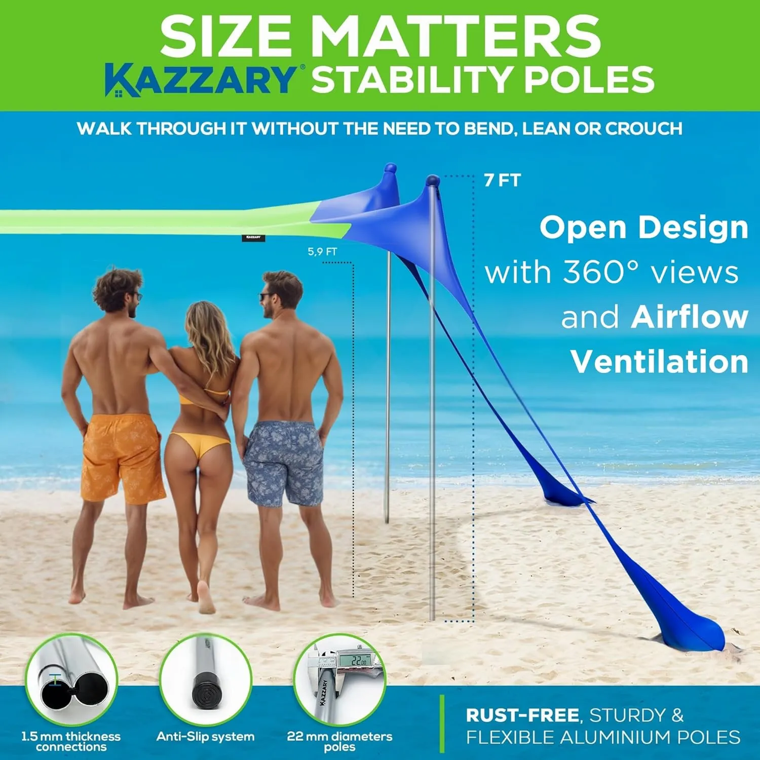 Beach Tent UPF50  Sun Shade Canopy with Sandbags, 4 Stability Poles, Ground Pegs, Flying Disc Sand Shovel, Lightweight Sunshade Shelter, 7ft Tall for Outdoor Trips, Camping and Sports
